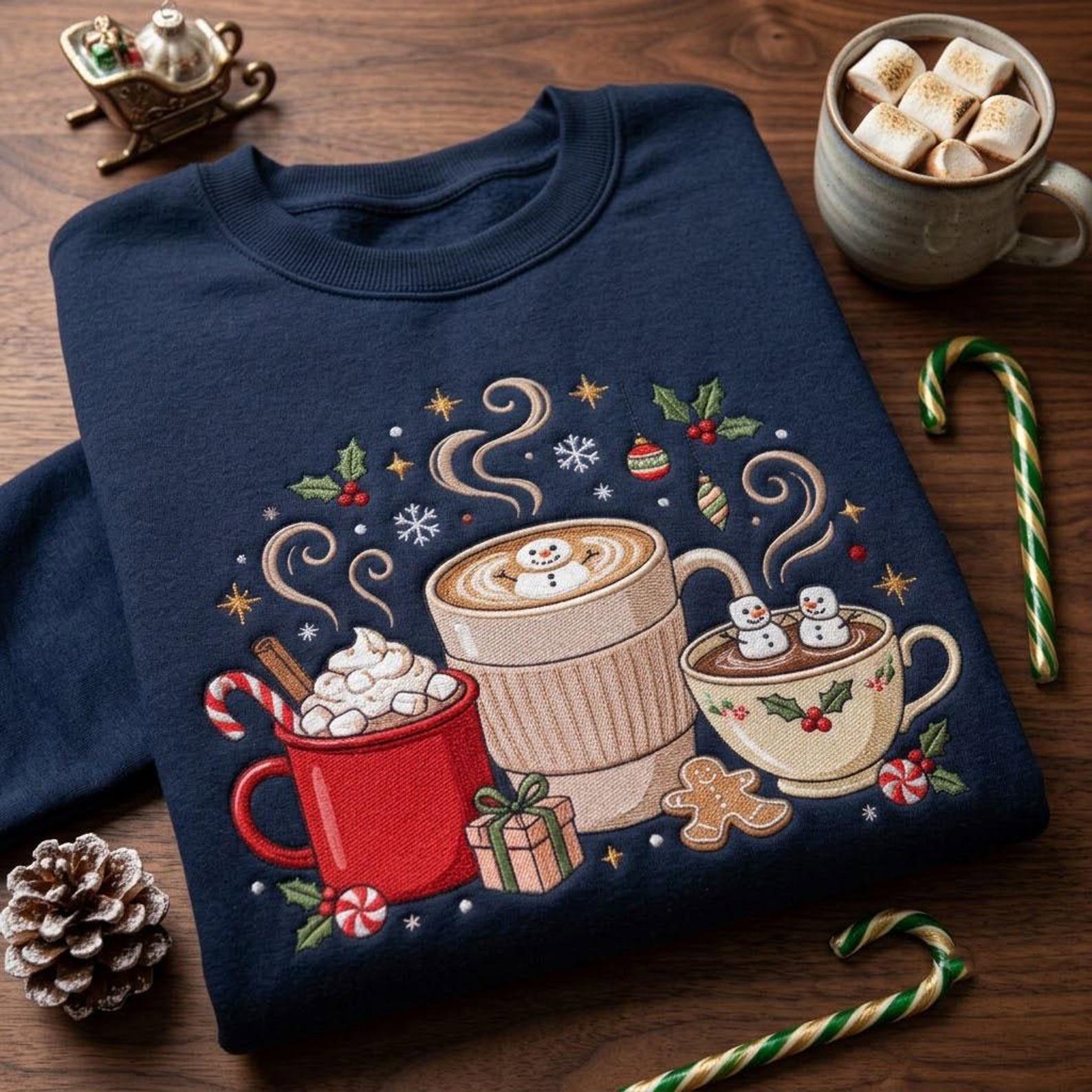 Holiday Coffee Embroidered Sweatshirt, Christmas Hot Cocoa Mug Crewneck, Cozy Winter Drink Shirt, Festive Coffee Lover Gift 1