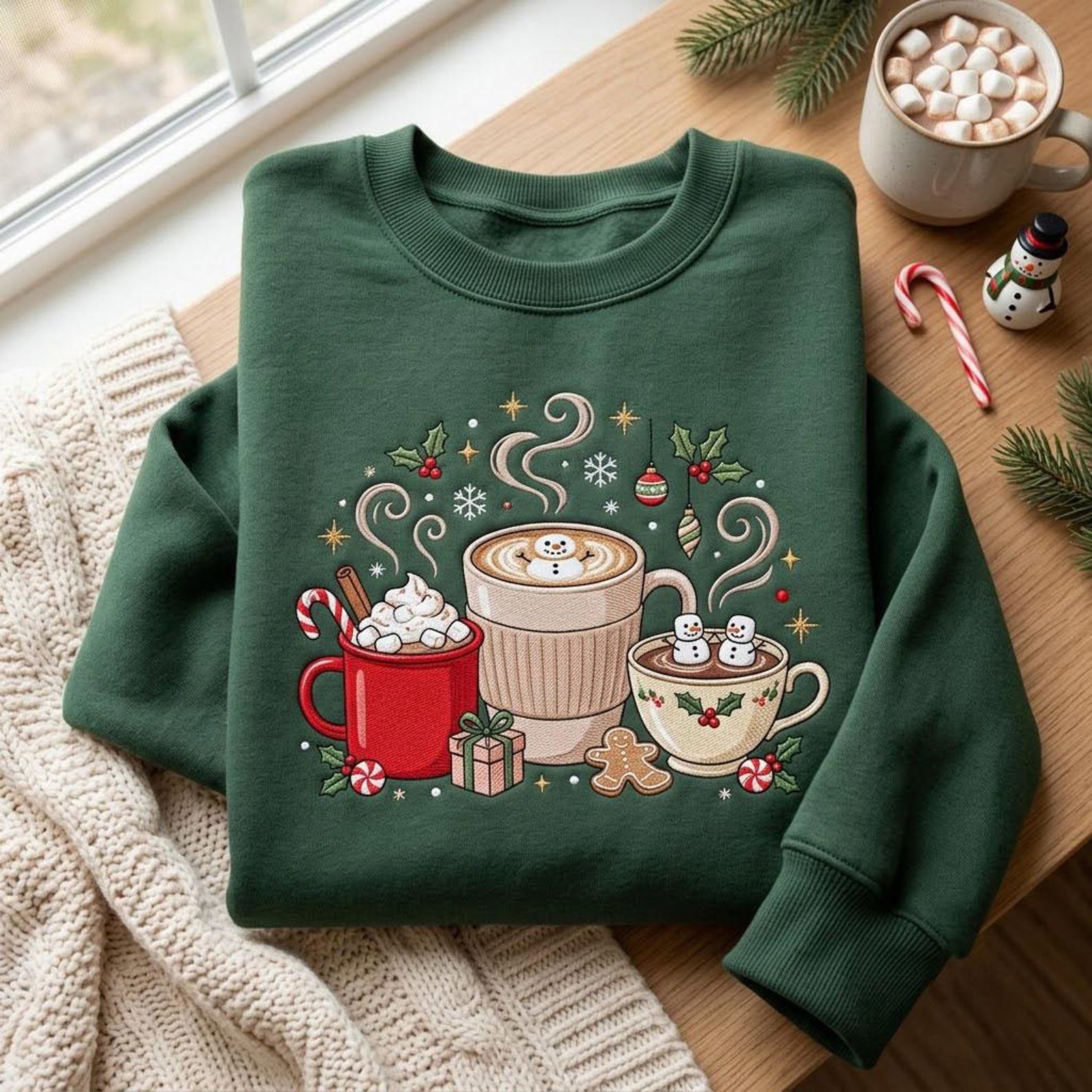 Holiday Coffee Embroidered Sweatshirt, Christmas Hot Cocoa Mug Crewneck, Cozy Winter Drink Shirt, Festive Coffee Lover Gift 5