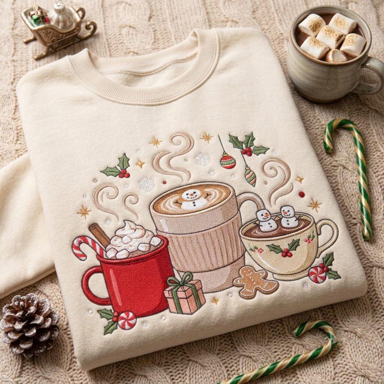 Holiday Coffee Embroidered Sweatshirt, Christmas Hot Cocoa Mug Crewneck, Cozy Winter Drink Shirt, Festive Coffee Lover Gift 4