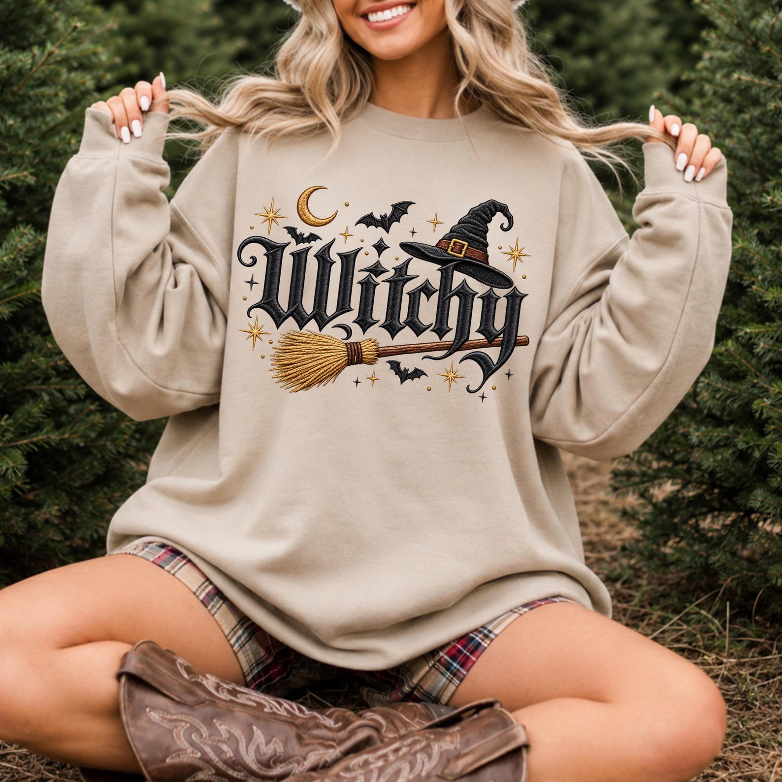 Witchy Halloween Sweatshirt ,Gothic Broomstick Hat Graphic For Spooky Season Halloween Apparel 2