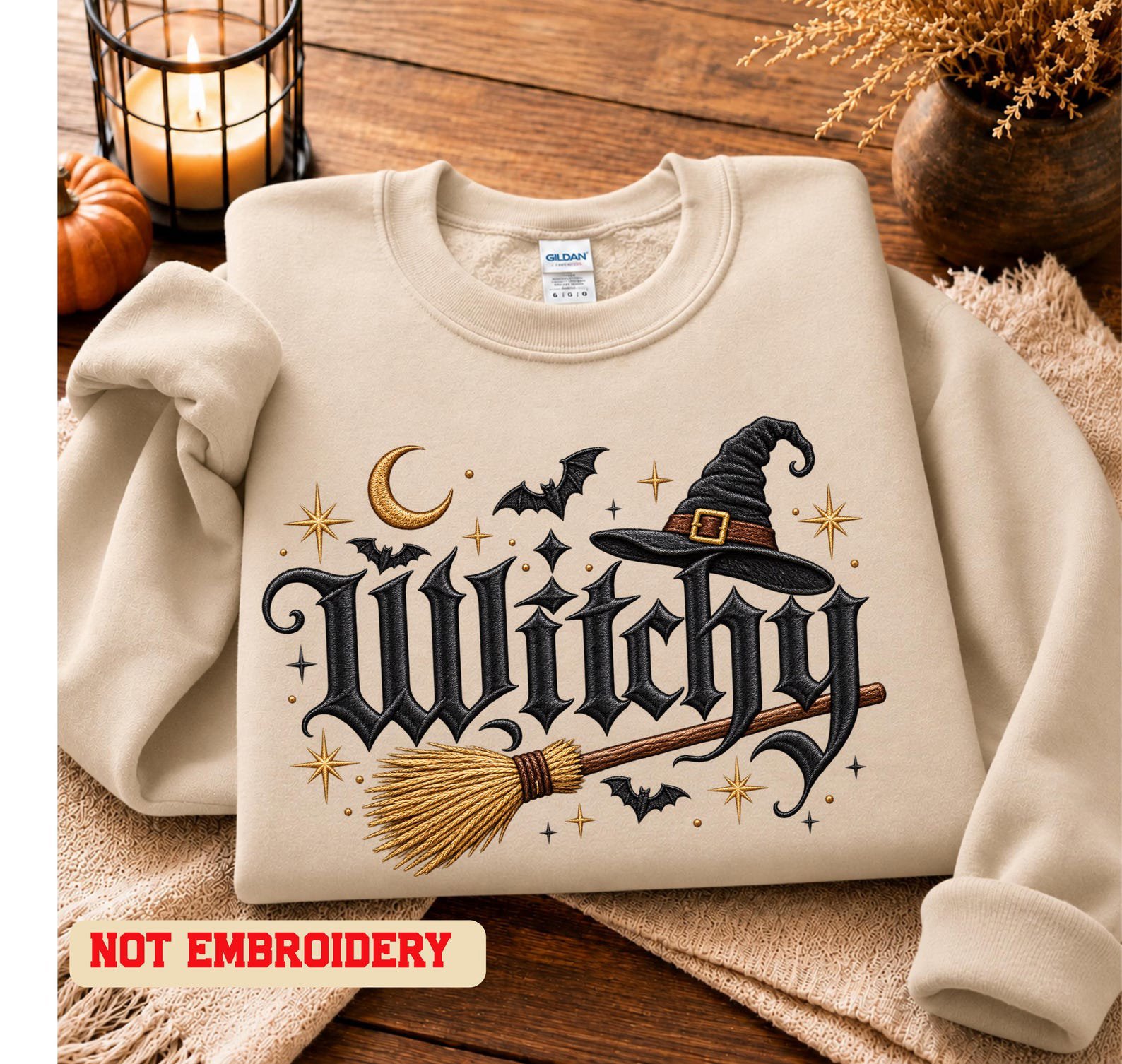Witchy Halloween Sweatshirt ,Gothic Broomstick Hat Graphic For Spooky Season Halloween Apparel 1