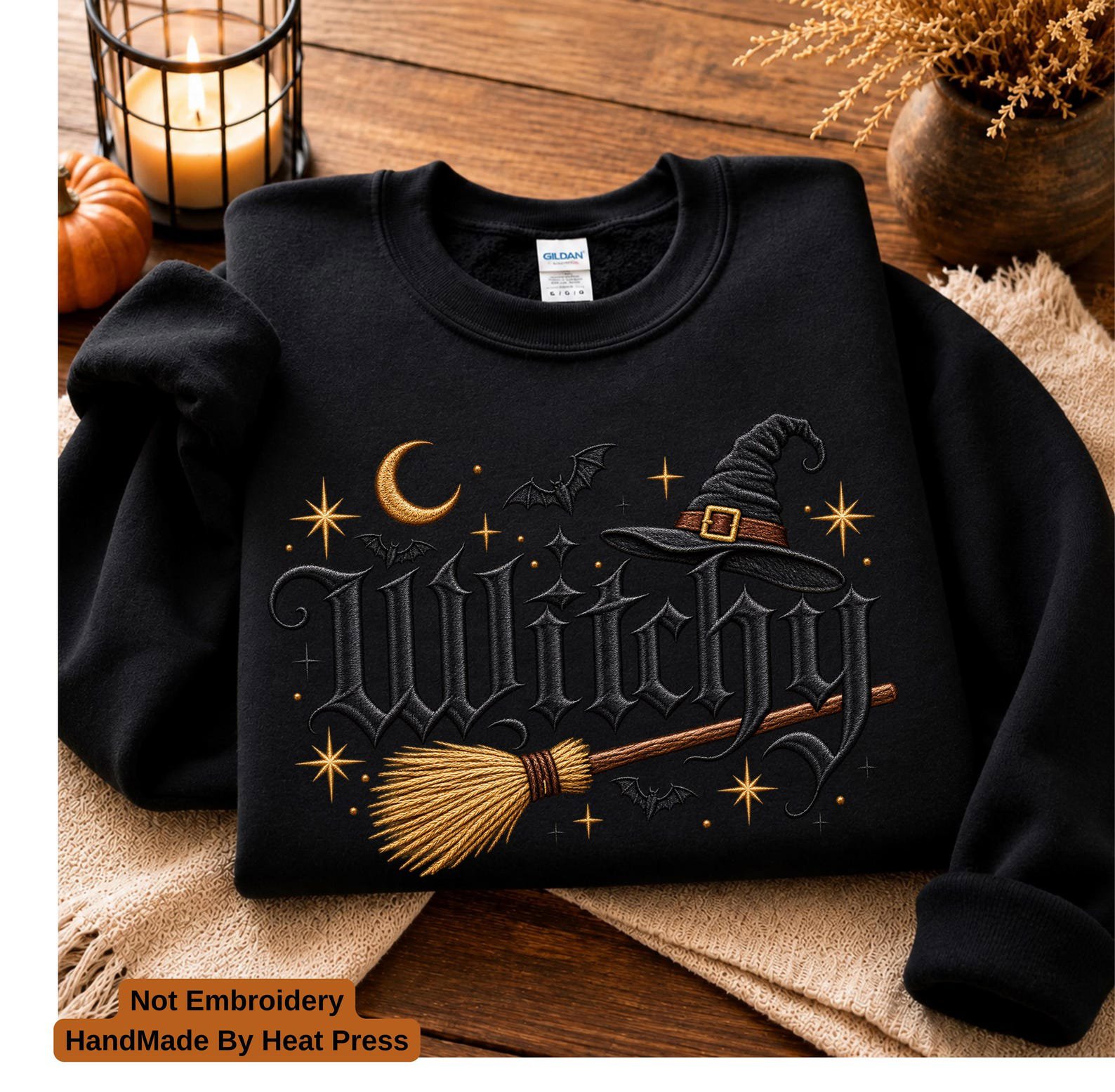 Witchy Halloween Sweatshirt ,Gothic Broomstick Hat Graphic For Spooky Season Halloween Apparel 4