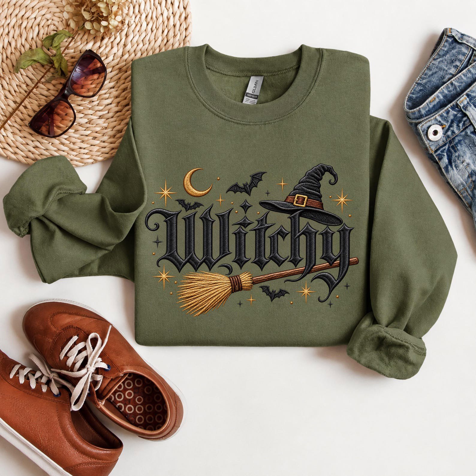 Witchy Halloween Sweatshirt ,Gothic Broomstick Hat Graphic For Spooky Season Halloween Apparel 6