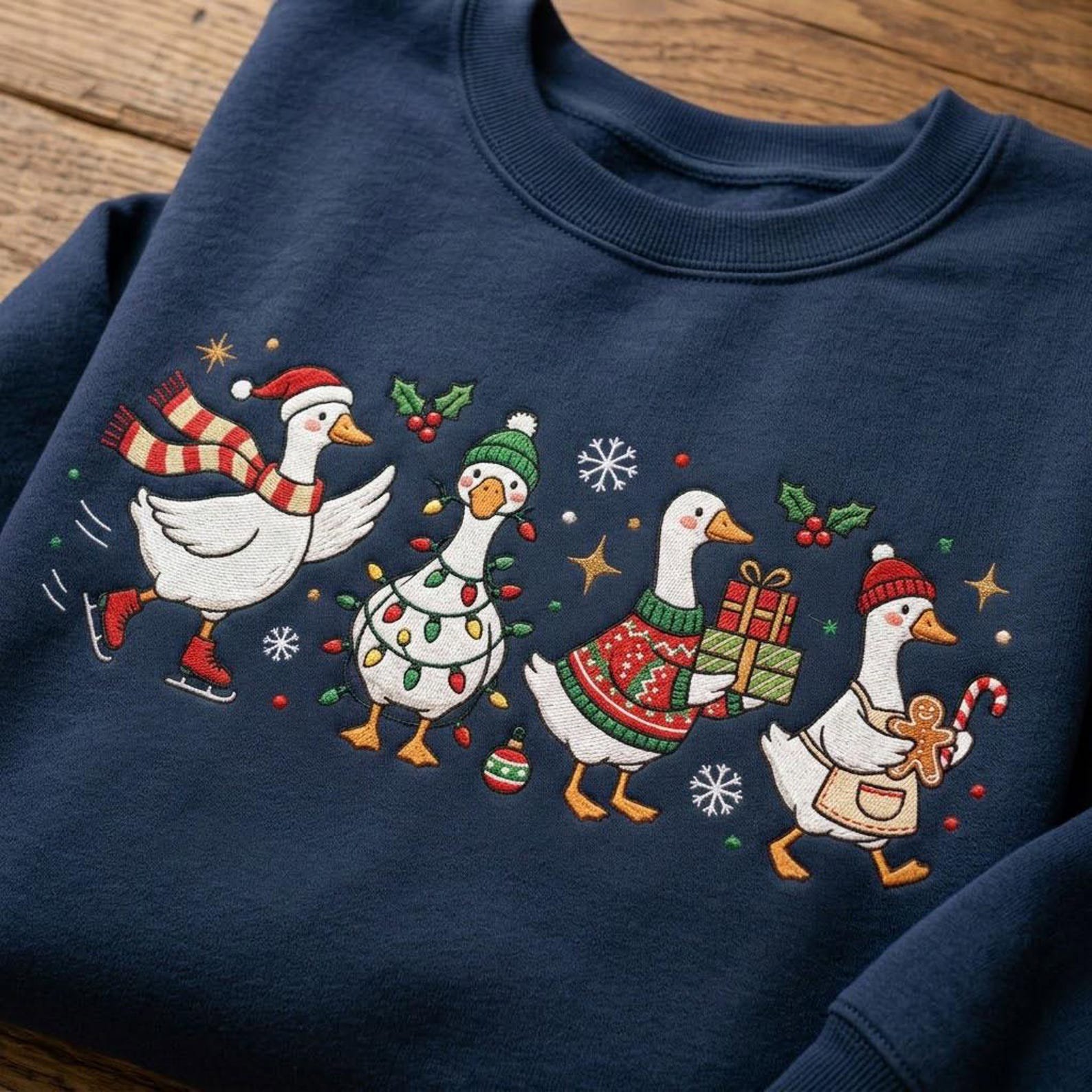 Funny Christmas Geese Embroidered Sweatshirt, Cute Holiday Goose Crewneck, Festive Winter Pullover, Christmas Goose Lover Gift Idea 1