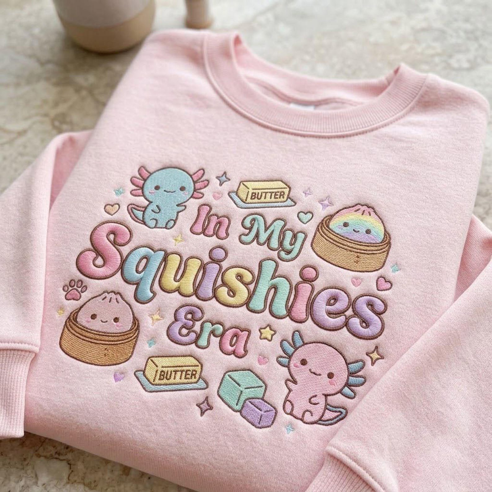 Cute Axolotl Embroidered Sweatshirt, In My Squishies Era Crewneck, Kawaii Pastel Character Shirt, Cozy Plushie Lover Gift 1