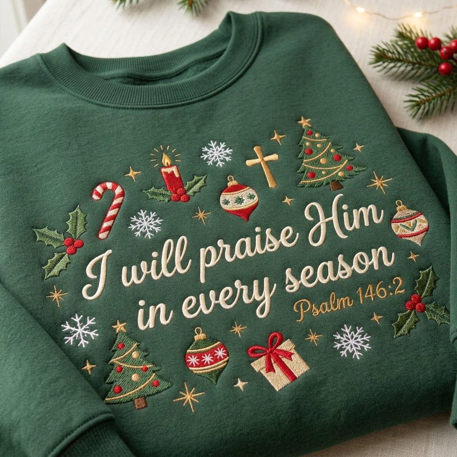 I Will Praise Him Embroidered Sweatshirt, Psalm 146:2 Christian Christmas Crewneck, Bible Verse Faith Holiday Scripture Sweater Gift 2