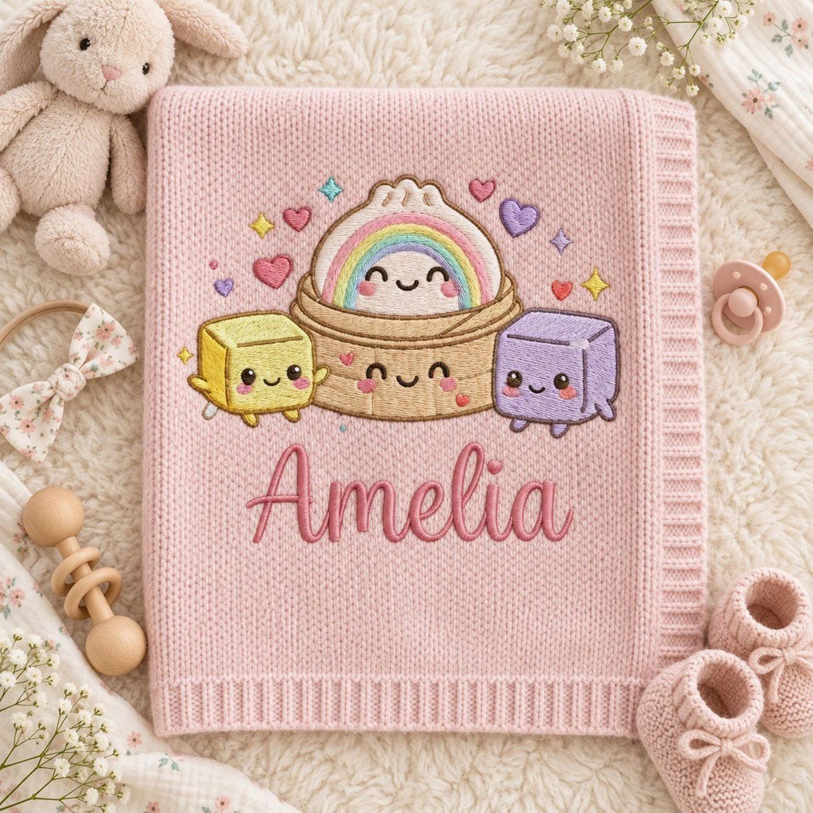 Custom Name Baby Blanket, Kawaii Rainbow Embroidered Knit Blanket, Personalized Nursery Decor, Cute Newborn Baby Shower Keepsake Gift 2
