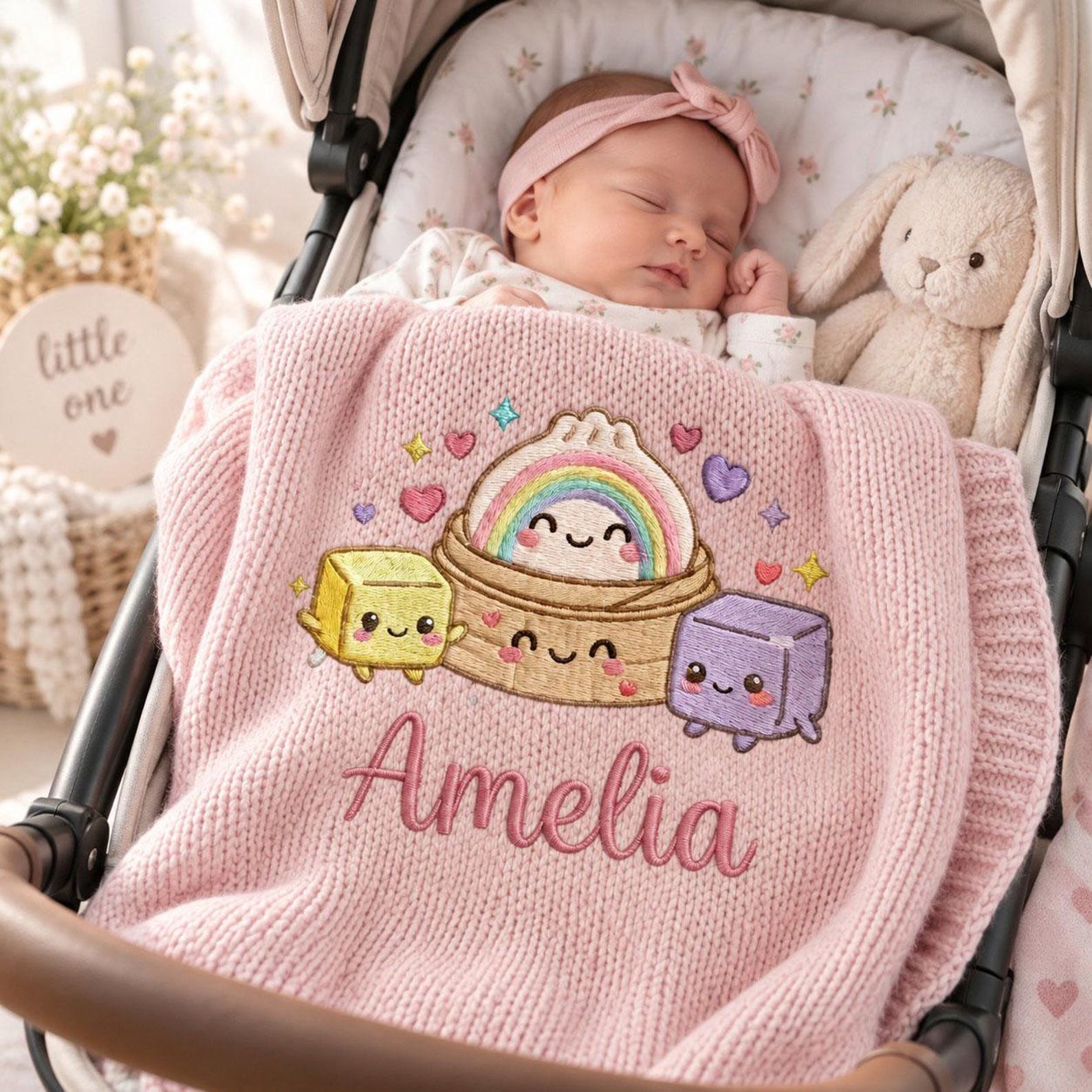 Custom Name Baby Blanket, Kawaii Rainbow Embroidered Knit Blanket, Personalized Nursery Decor, Cute Newborn Baby Shower Keepsake Gift 5