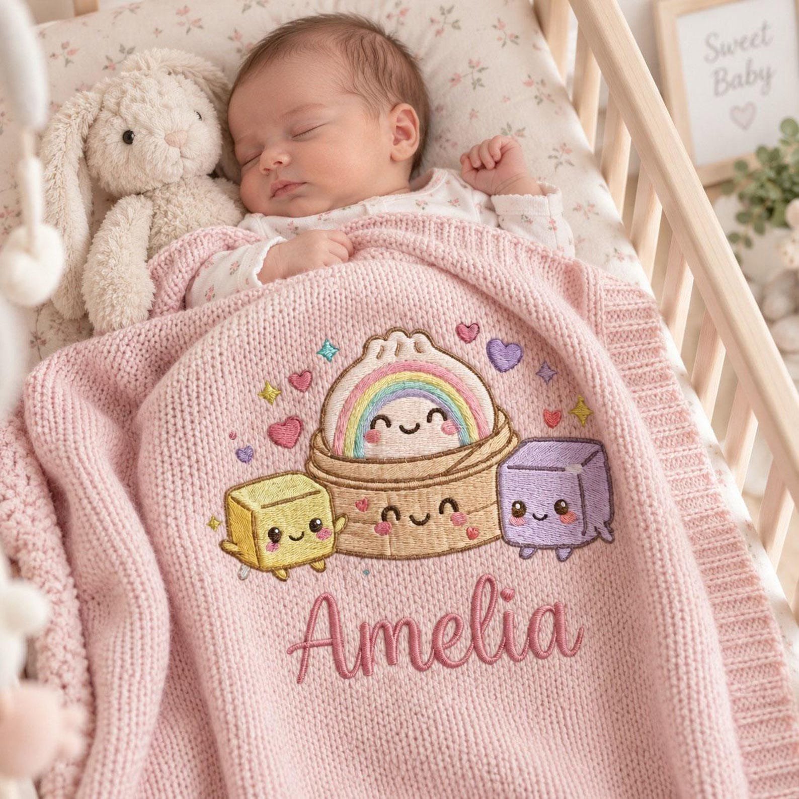 Custom Name Baby Blanket, Kawaii Rainbow Embroidered Knit Blanket, Personalized Nursery Decor, Cute Newborn Baby Shower Keepsake Gift 7