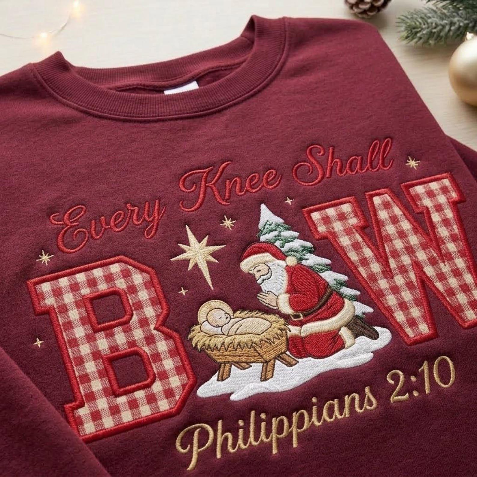 Every Knee Shall Bow Embroidered Sweatshirt, Philippians 2:10 Jesus Nativity Christmas Crewneck Aplique, Christian Bible Verse Faith Gift 1