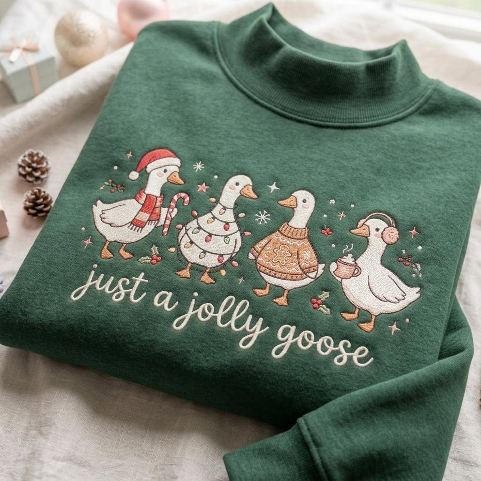 Christmas Goose Embroidered Mock Neck Sweatshirt, Just a Jolly Goose Crewneck, Funny Holiday Geese Pullover, Cute Cozy Xmas Goose Gift 3