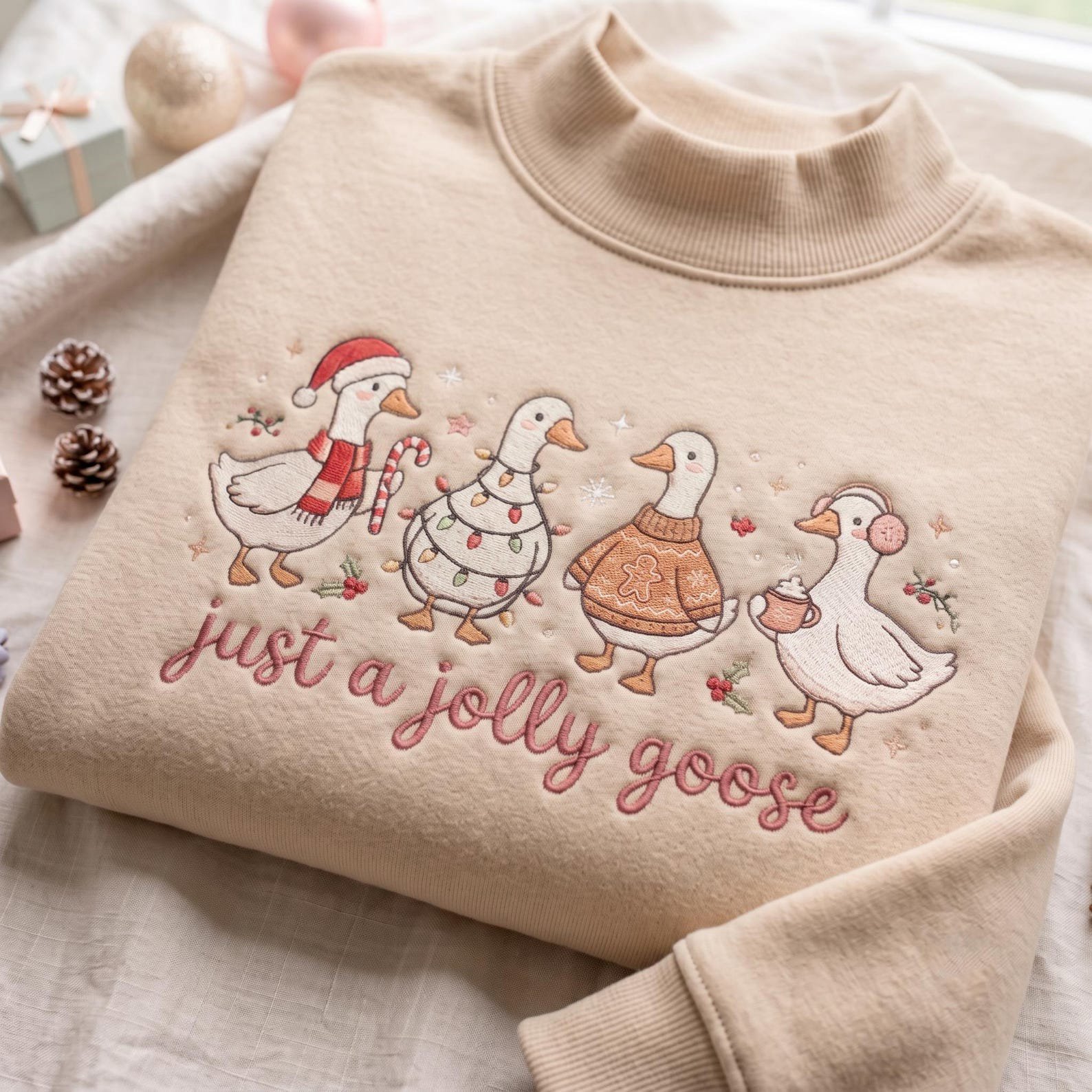 Christmas Goose Embroidered Mock Neck Sweatshirt, Just a Jolly Goose Crewneck, Funny Holiday Geese Pullover, Cute Cozy Xmas Goose Gift 4