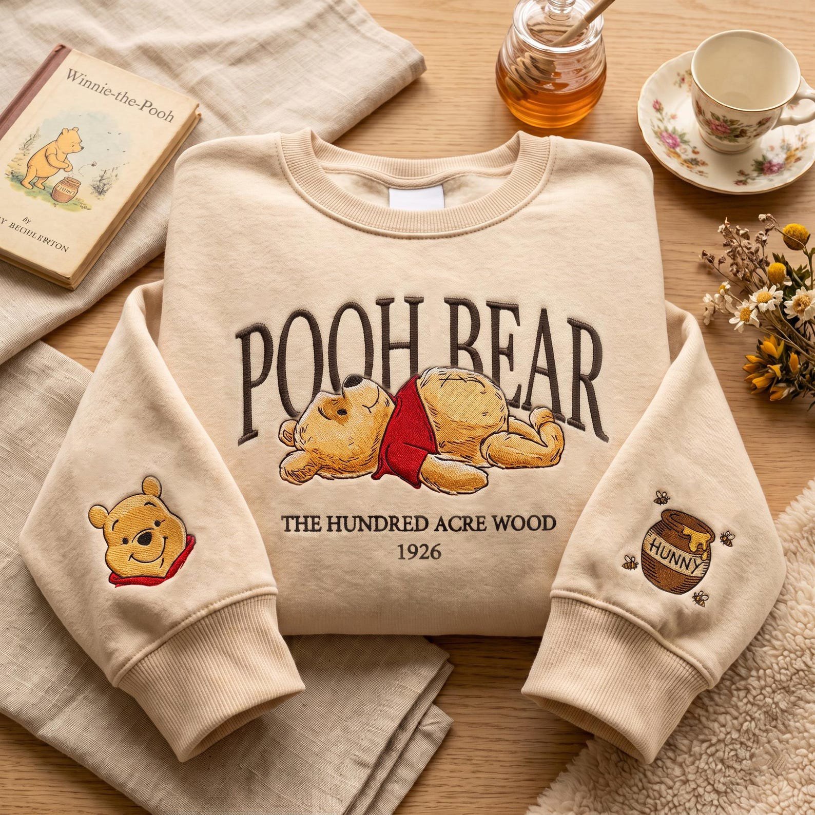 Embroidered Hundred Acre Wood Bear Sweatshirt, 1926 Honey Bear Crewneck, Cute Pooh Inspired Shirt, Cozy Classic Bear Lover Gift 1