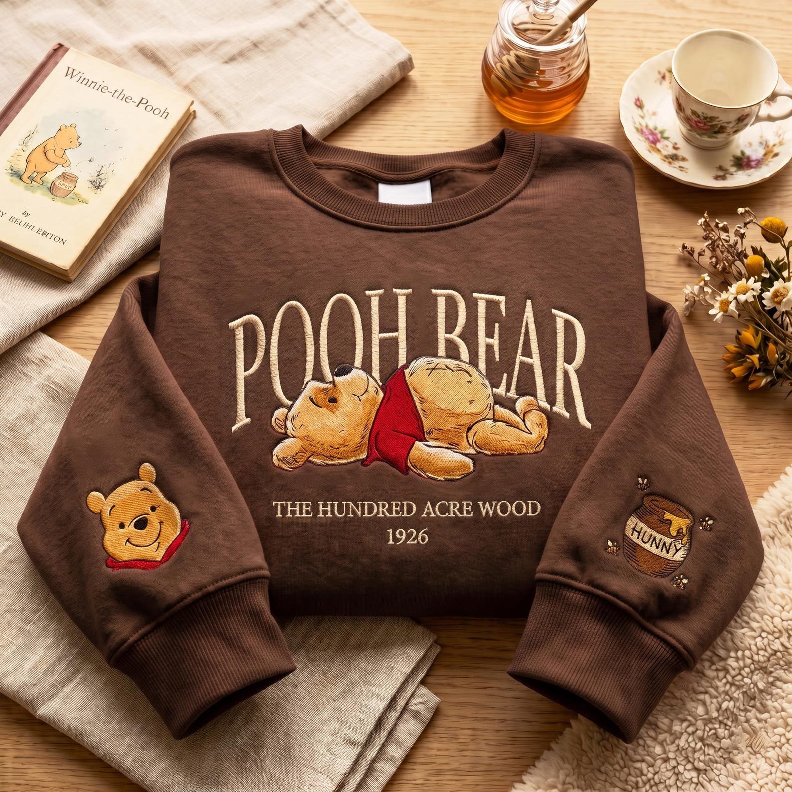 Embroidered Hundred Acre Wood Bear Sweatshirt, 1926 Honey Bear Crewneck, Cute Pooh Inspired Shirt, Cozy Classic Bear Lover Gift 5