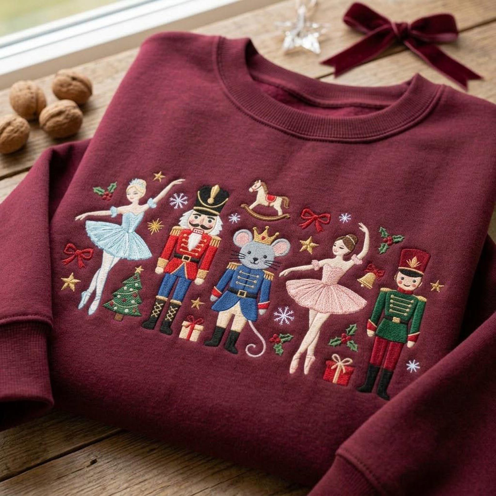 Nutcracker Christmas Embroidered Sweatshirt, Ballerina Mouse Soldier Holiday Crewneck, Ballet Christmas Festive Winter Gift 3