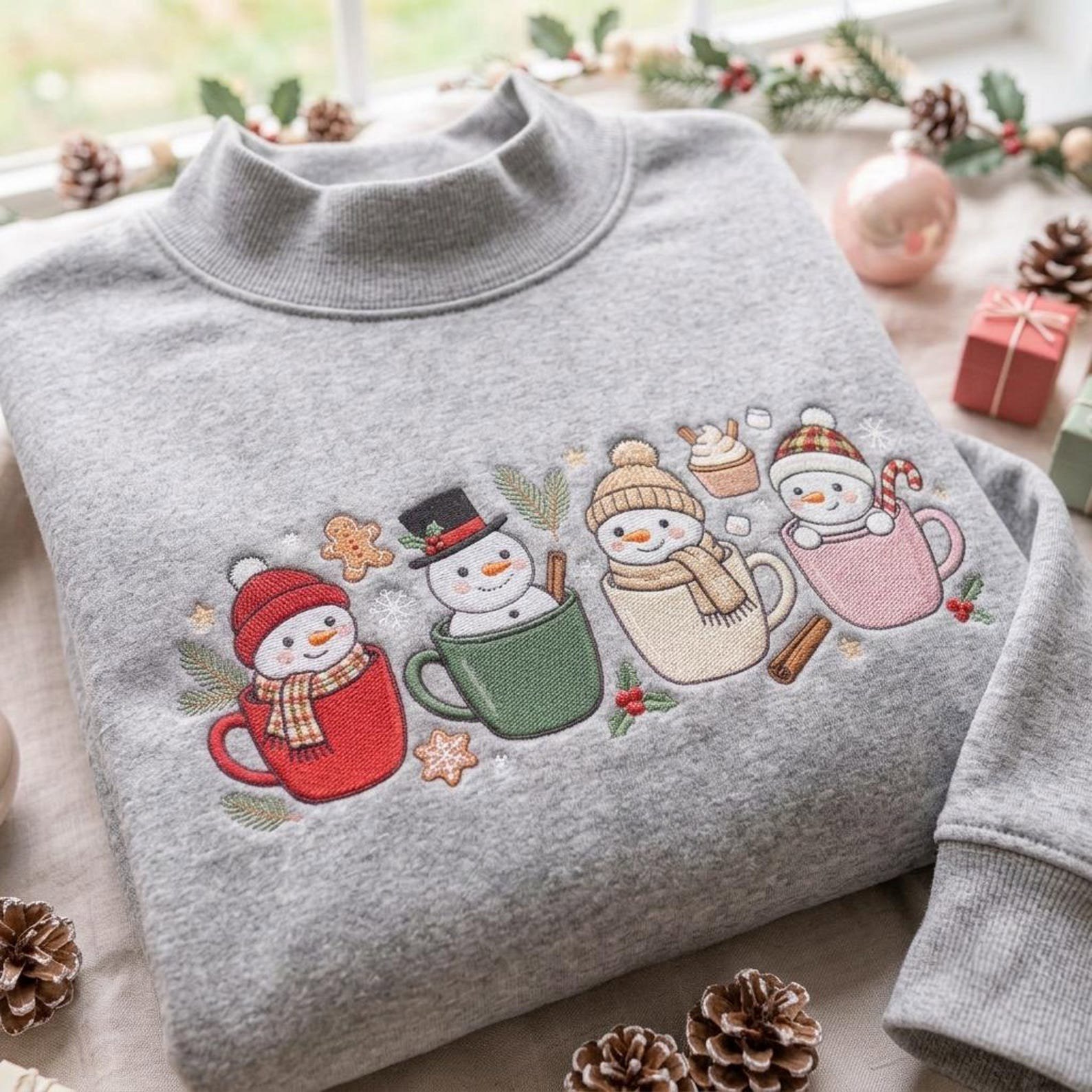 Christmas Snowman Mock Neck Sweatshirt, Embroidered Hot Cocoa Mugs Crewneck, Cozy Winter Holiday Shirt, Cute Snowman Lover Xmas Gift 3