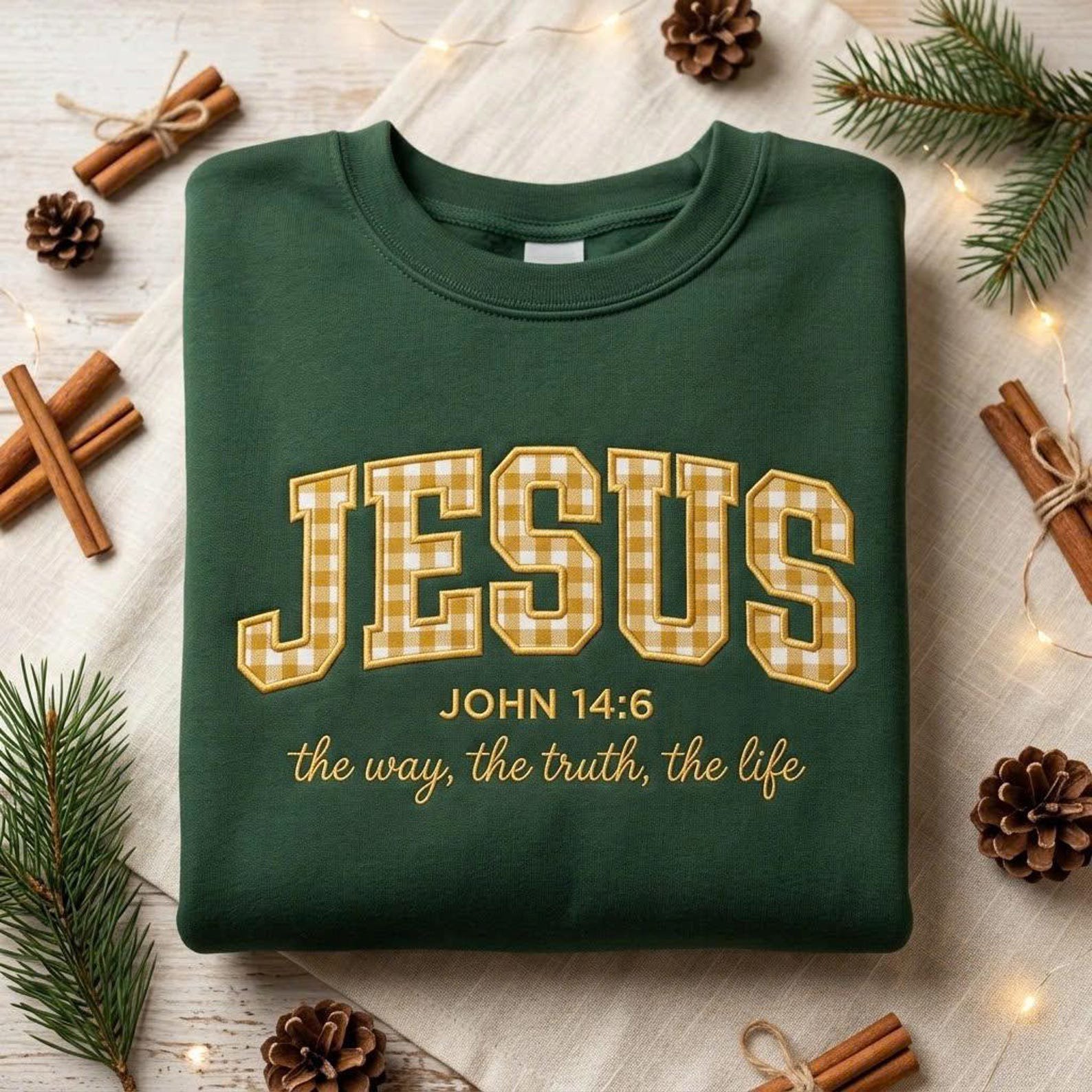 Jesus John 14:6 Embroidered Sweatshirt, The Way The Truth The Life Christian Crewneck, Gingham Faith Bible Verse Gift 1