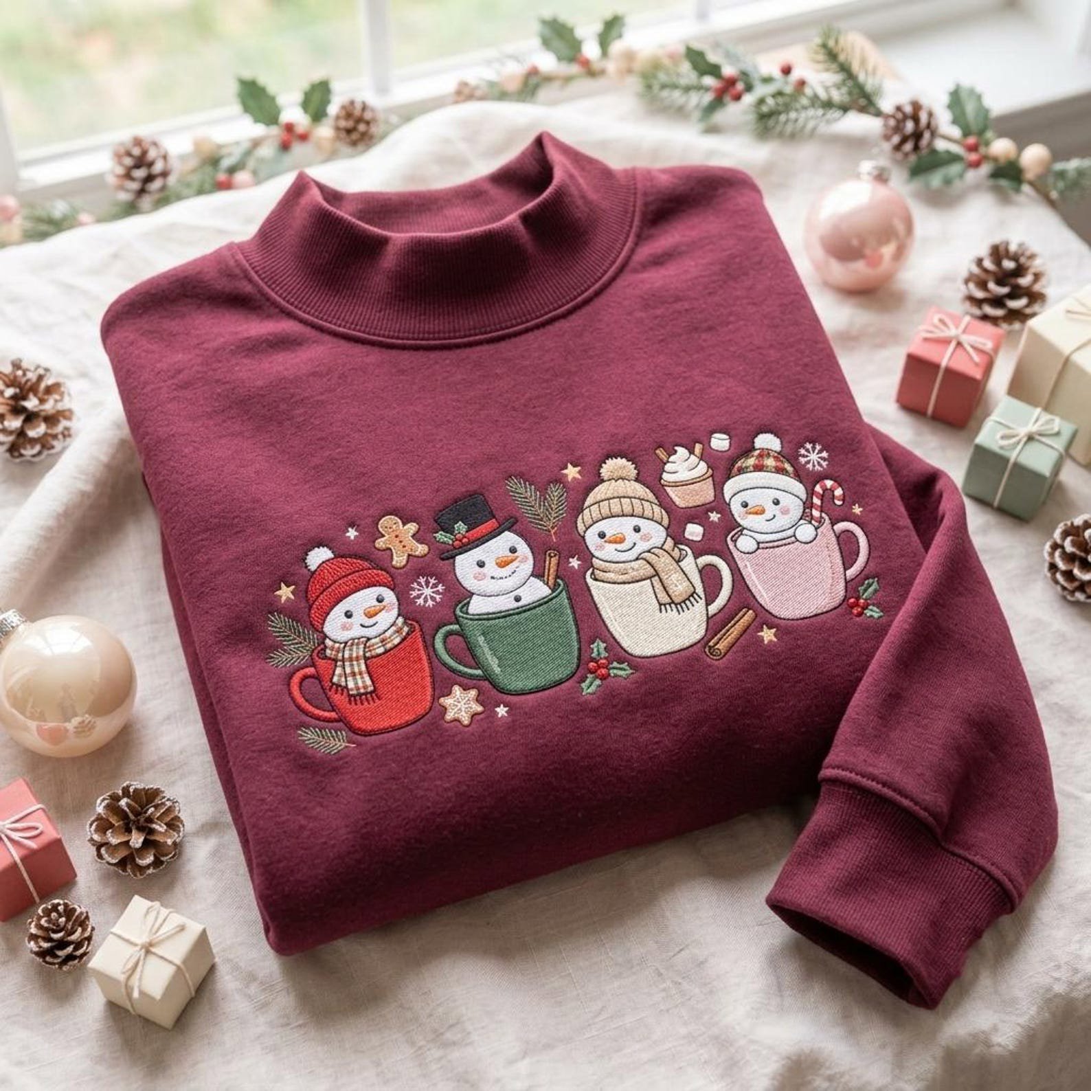 Christmas Snowman Mock Neck Sweatshirt, Embroidered Hot Cocoa Mugs Crewneck, Cozy Winter Holiday Shirt, Cute Snowman Lover Xmas Gift 5