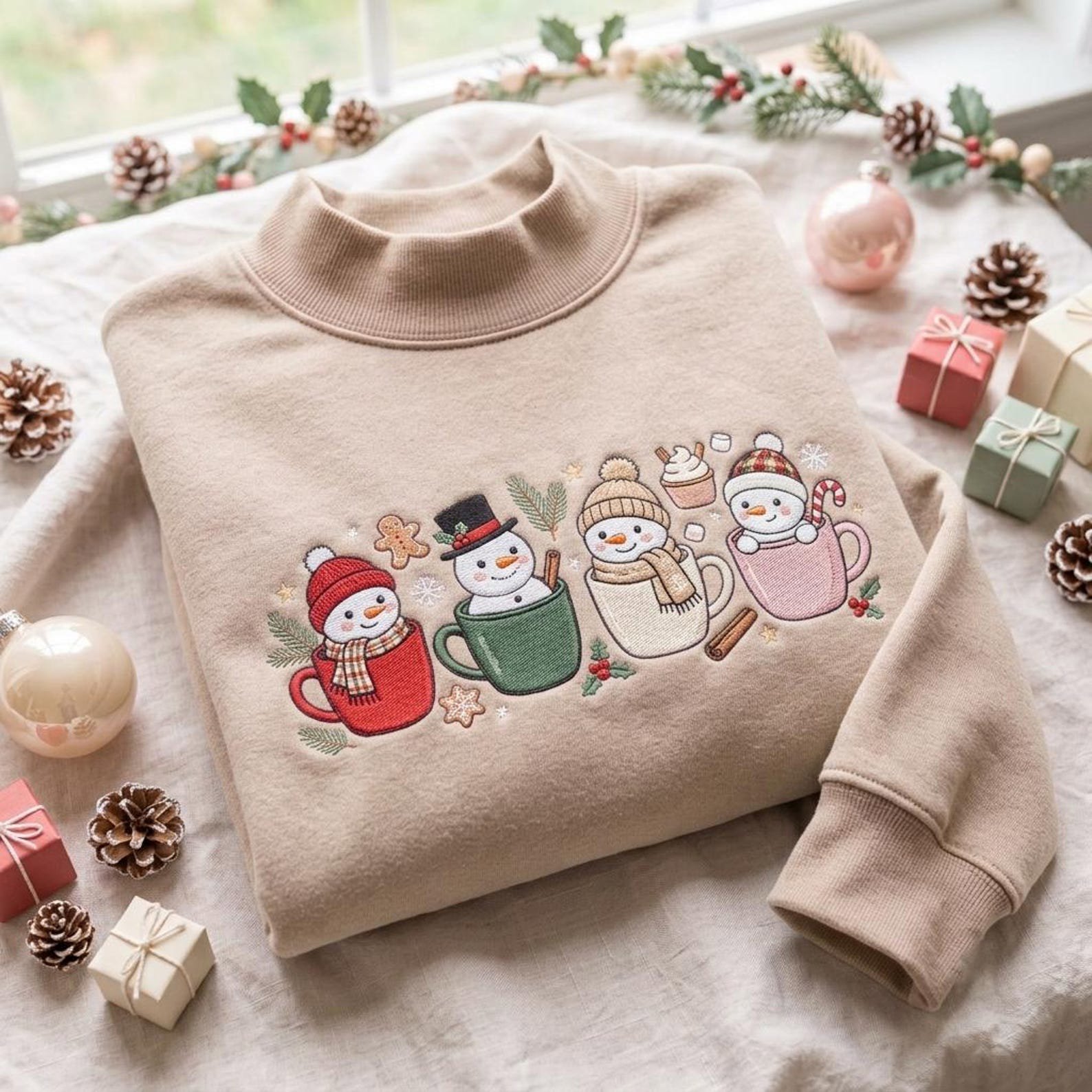 Christmas Snowman Mock Neck Sweatshirt, Embroidered Hot Cocoa Mugs Crewneck, Cozy Winter Holiday Shirt, Cute Snowman Lover Xmas Gift 6