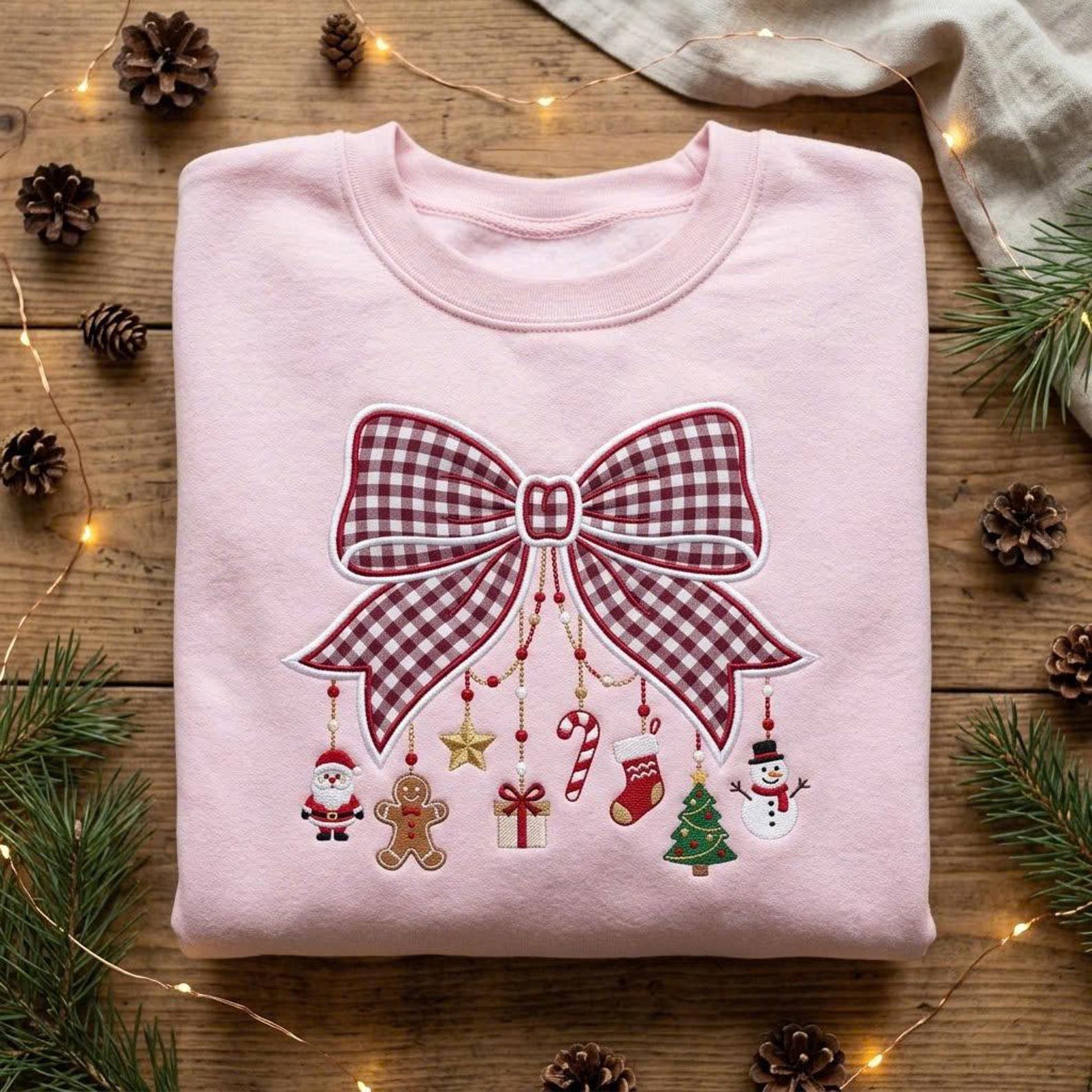 Christmas Bow Embroidered Sweatshirt, Gingham Coquette Bow Crewneck, Santa Gingerbread Snowman Holiday Ornament Sweater Gift 1