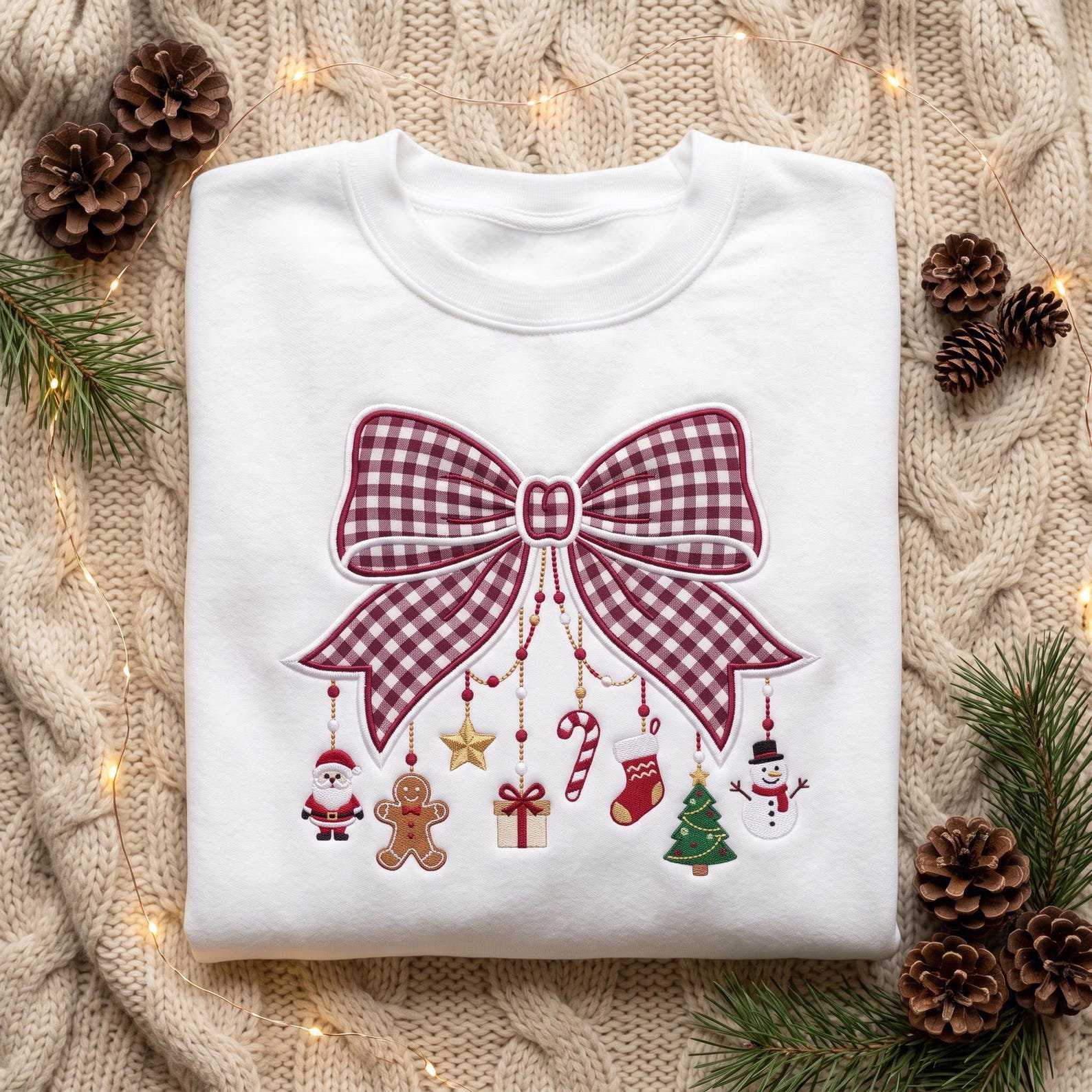 Christmas Bow Embroidered Sweatshirt, Gingham Coquette Bow Crewneck, Santa Gingerbread Snowman Holiday Ornament Sweater Gift 3