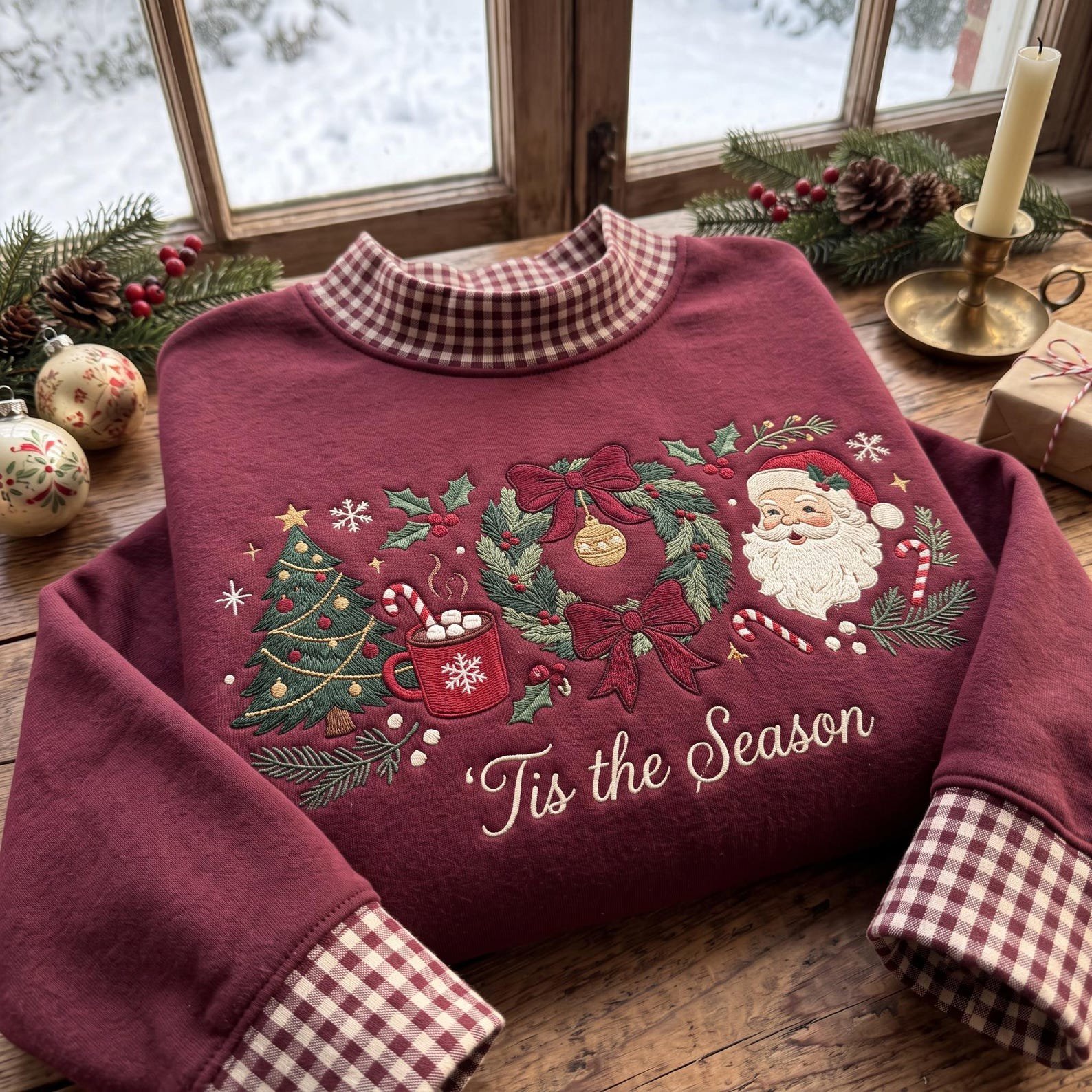 Christmas Mock Neck Sweatshirt, Tis the Season Embroidered Santa Wreath Tree Design, Cozy Holiday Crewneck, Festive Christmas Gift 1
