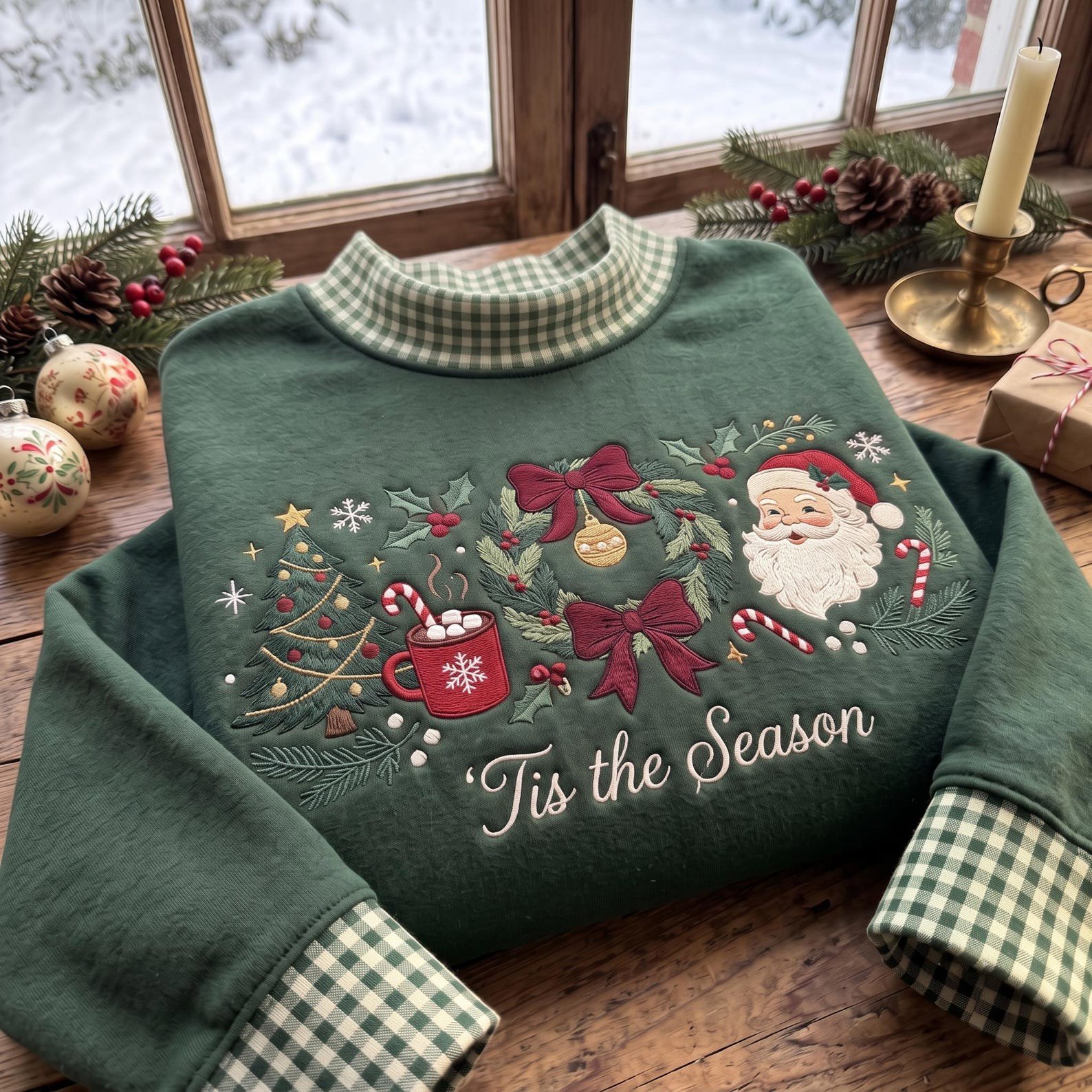 Christmas Mock Neck Sweatshirt, Tis the Season Embroidered Santa Wreath Tree Design, Cozy Holiday Crewneck, Festive Christmas Gift 5