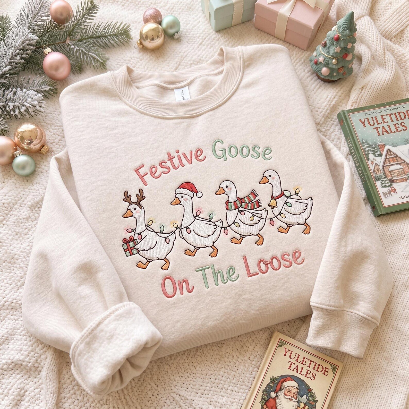 Christmas Goose Embroidered Sweatshirt, Festive Goose On The Loose Crewneck, Funny Holiday Bird Shirt, Cozy Xmas Gift for Goose Lovers 3