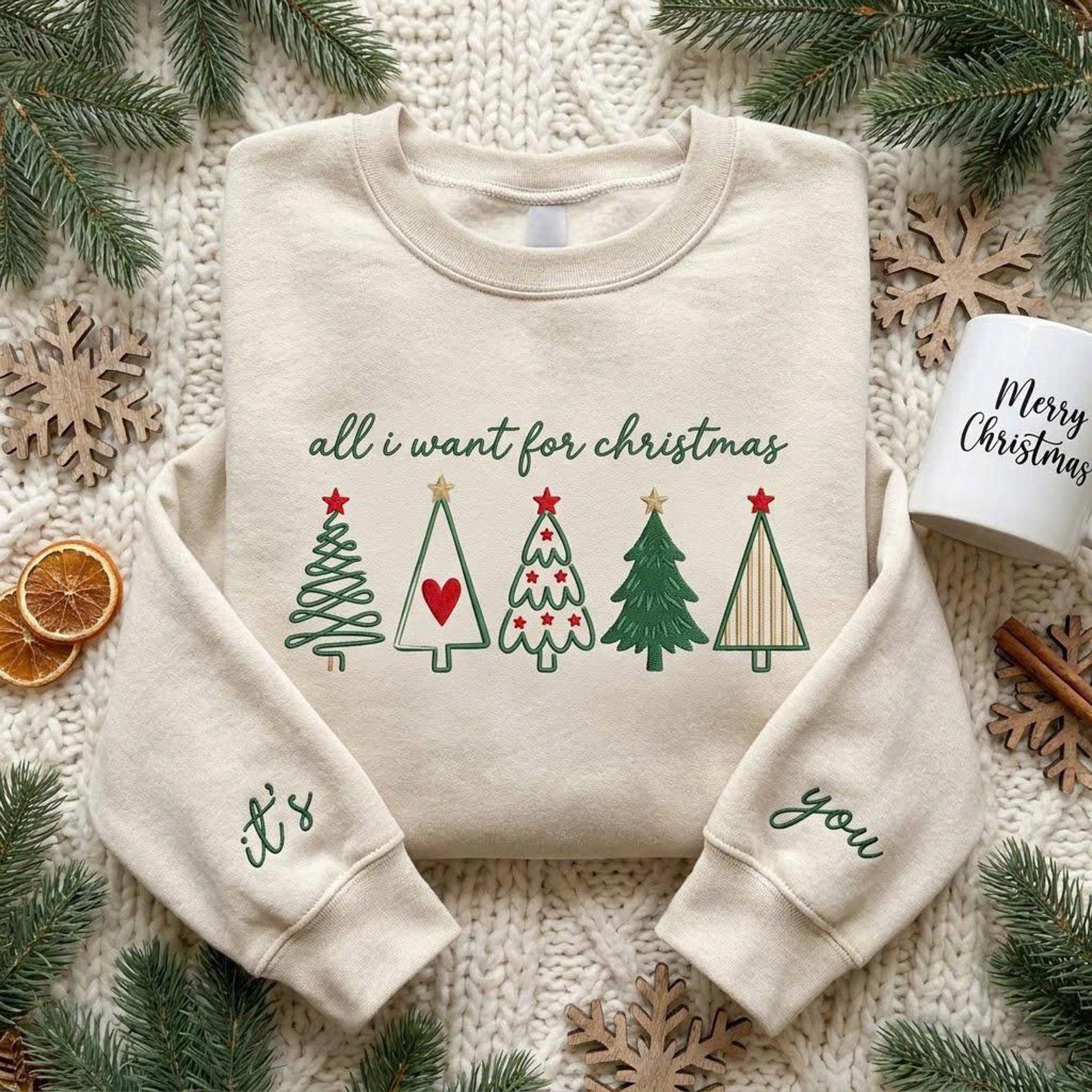 All I Want for Christmas Embroidered Sweatshirt, Christmas Tree Crewneck, Personalized Sleeve Holiday Sweater Custom Name Gift 3