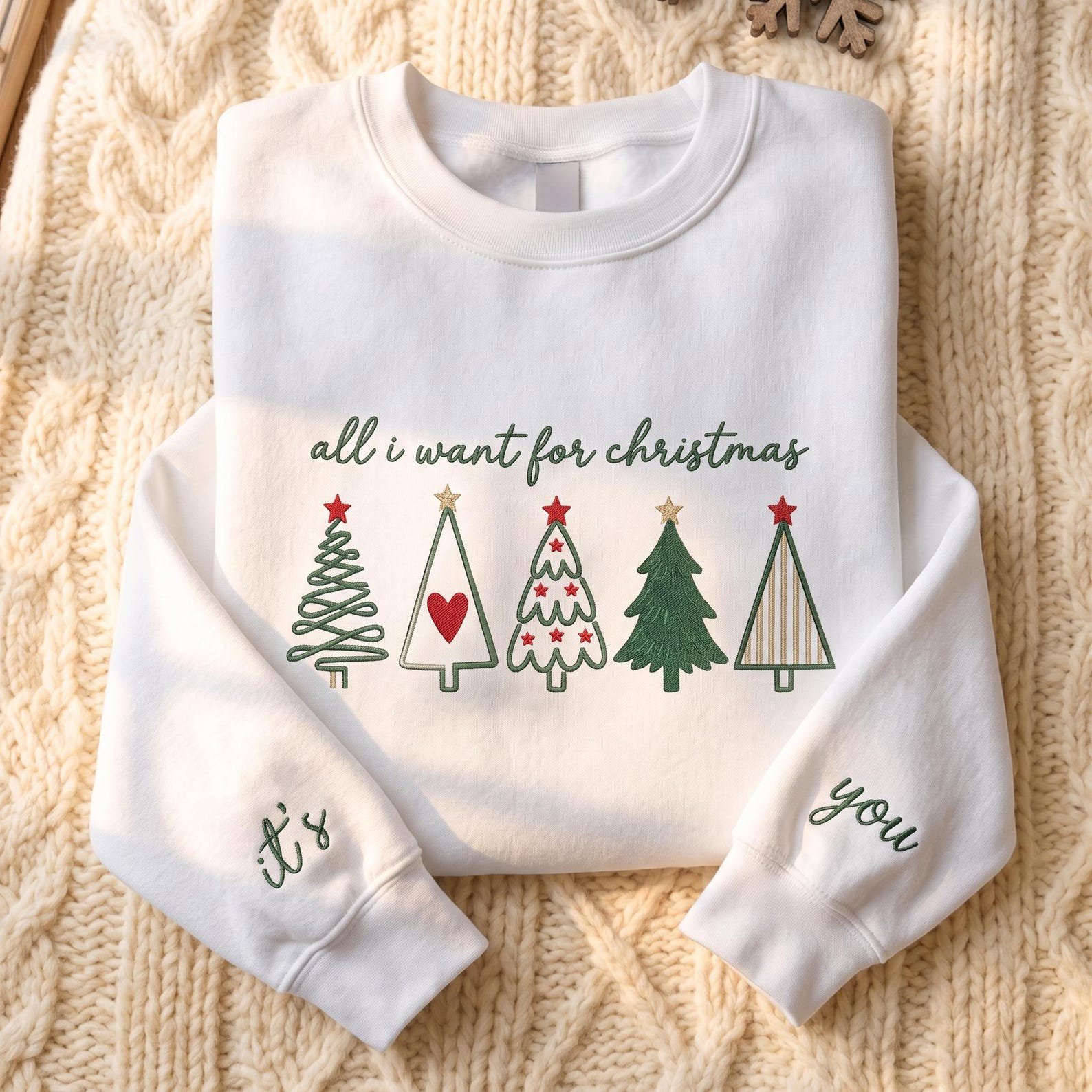 All I Want for Christmas Embroidered Sweatshirt, Christmas Tree Crewneck, Personalized Sleeve Holiday Sweater Custom Name Gift 2
