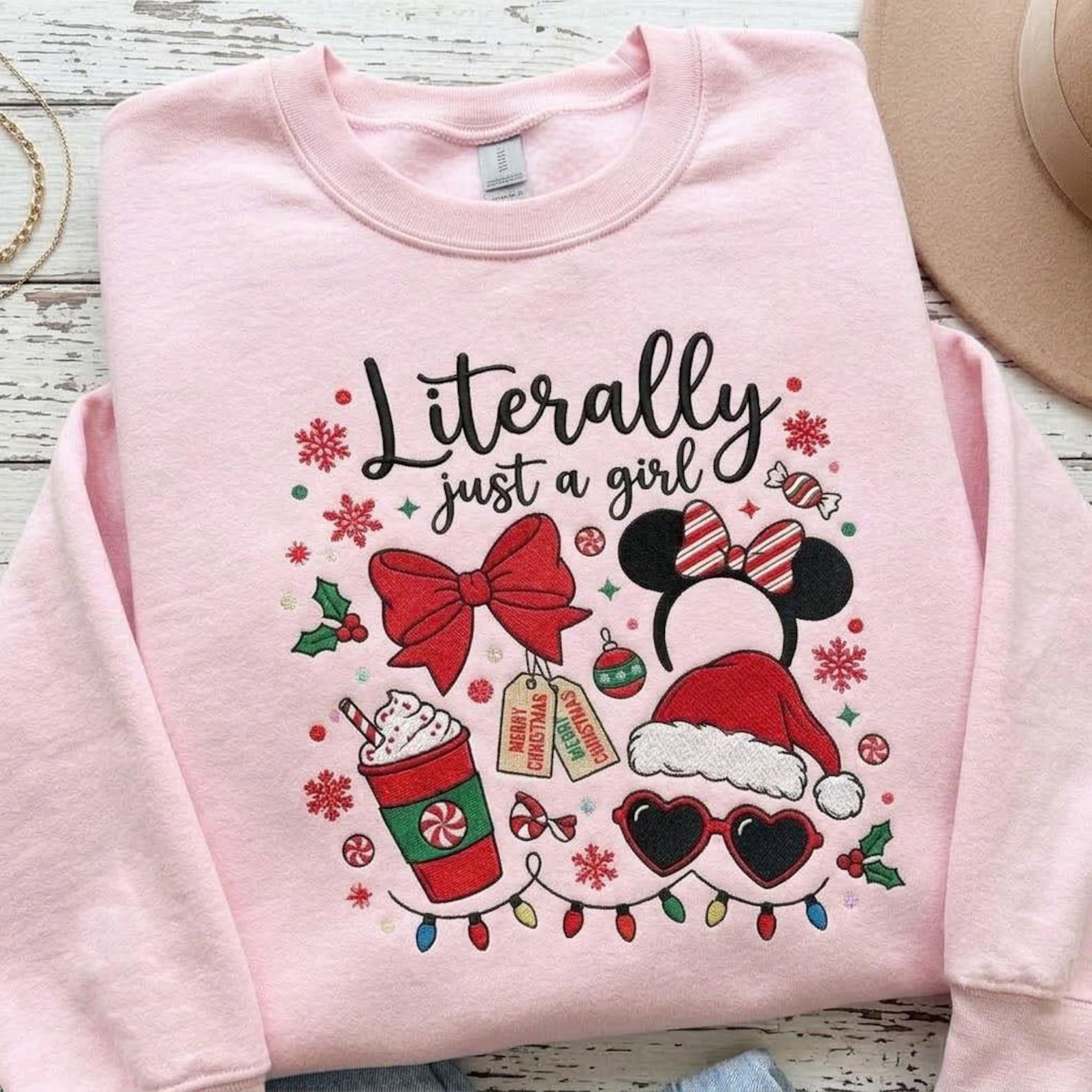 Just a Girl Christmas Embroidered Sweatshirt, Cute Mouse Ears Bow Crewneck, Girly Holiday Pullover, Cute Christmas Gift 3