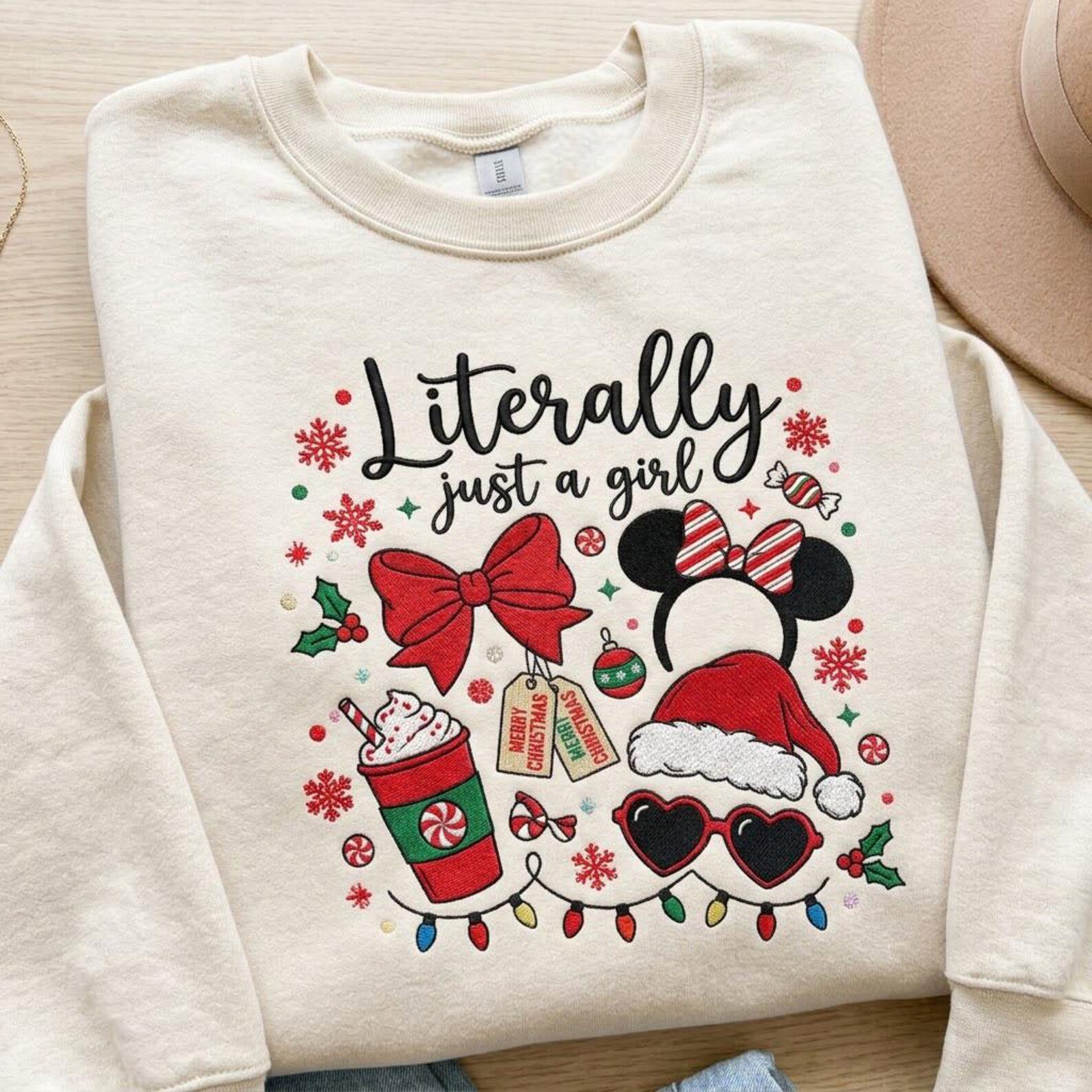 Just a Girl Christmas Embroidered Sweatshirt, Cute Mouse Ears Bow Crewneck, Girly Holiday Pullover, Cute Christmas Gift 1