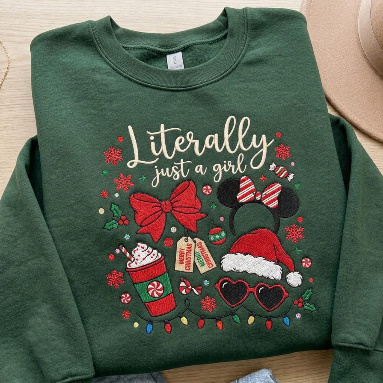 Just a Girl Christmas Embroidered Sweatshirt, Cute Mouse Ears Bow Crewneck, Girly Holiday Pullover, Cute Christmas Gift 2