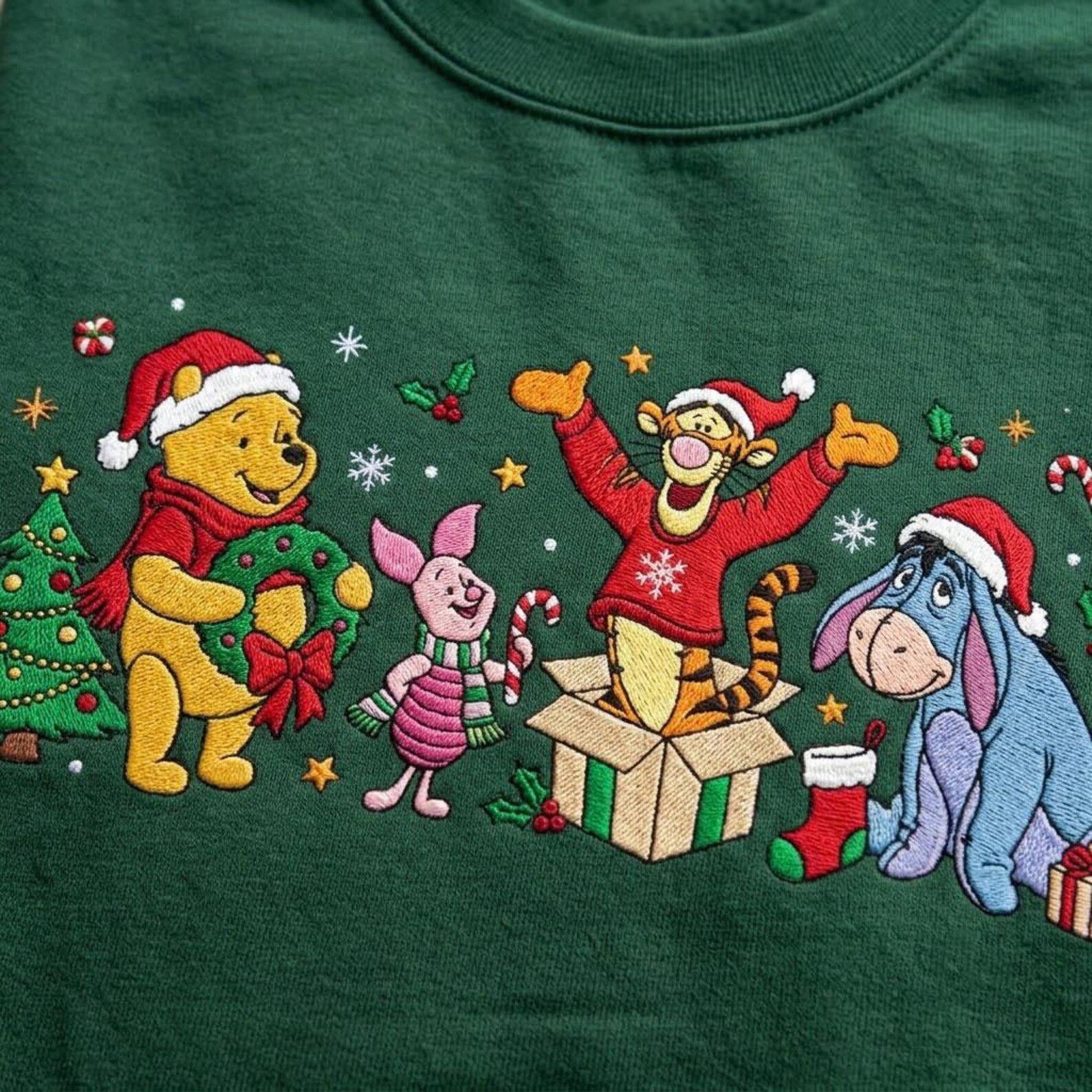 Winnie the Pooh Christmas Embroidered Sweatshirt, Pooh Tigger Piglet Eeyore Holiday Crewneck, Hundred Acre Wood Christmas Gift 3