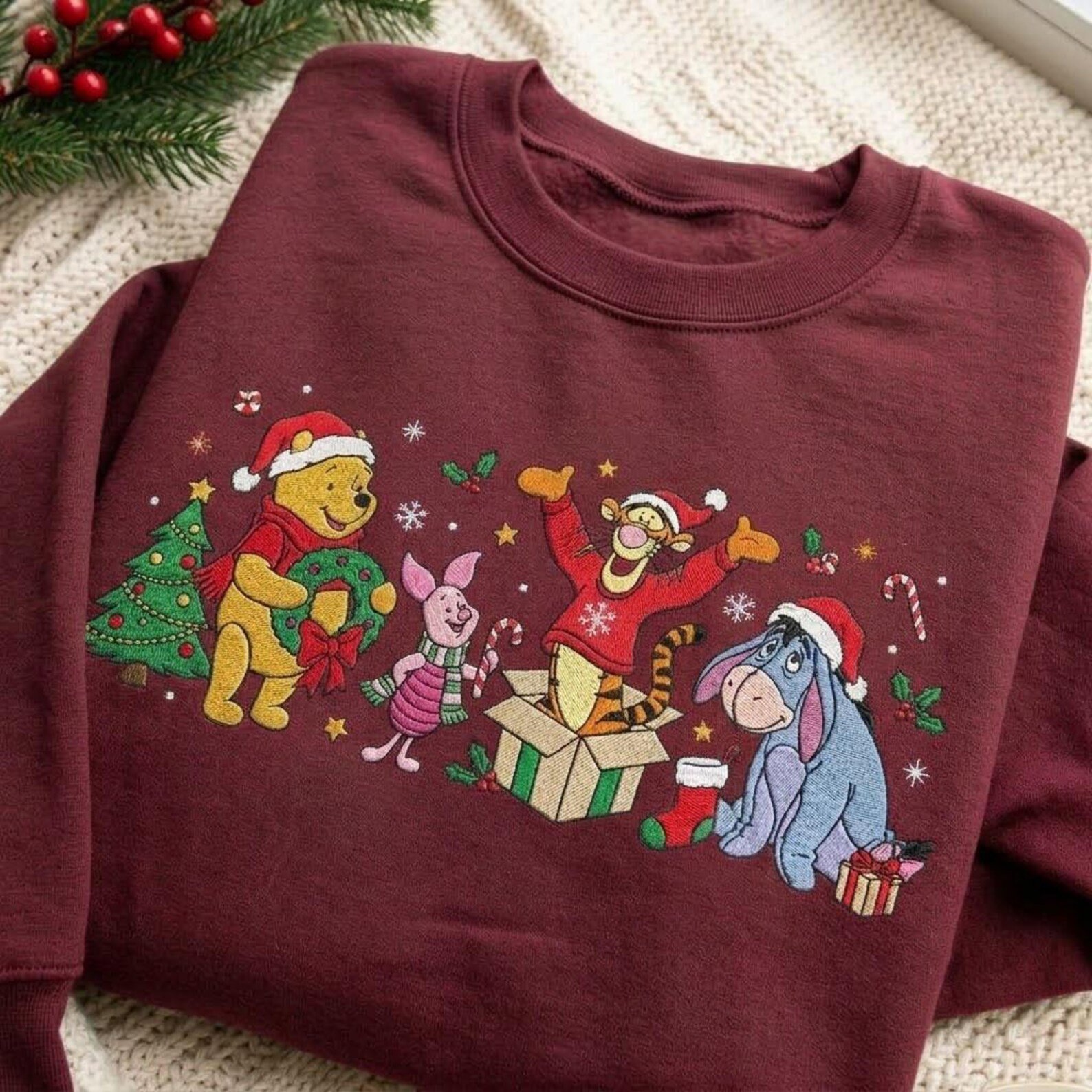 Winnie the Pooh Christmas Embroidered Sweatshirt, Pooh Tigger Piglet Eeyore Holiday Crewneck, Hundred Acre Wood Christmas Gift 2