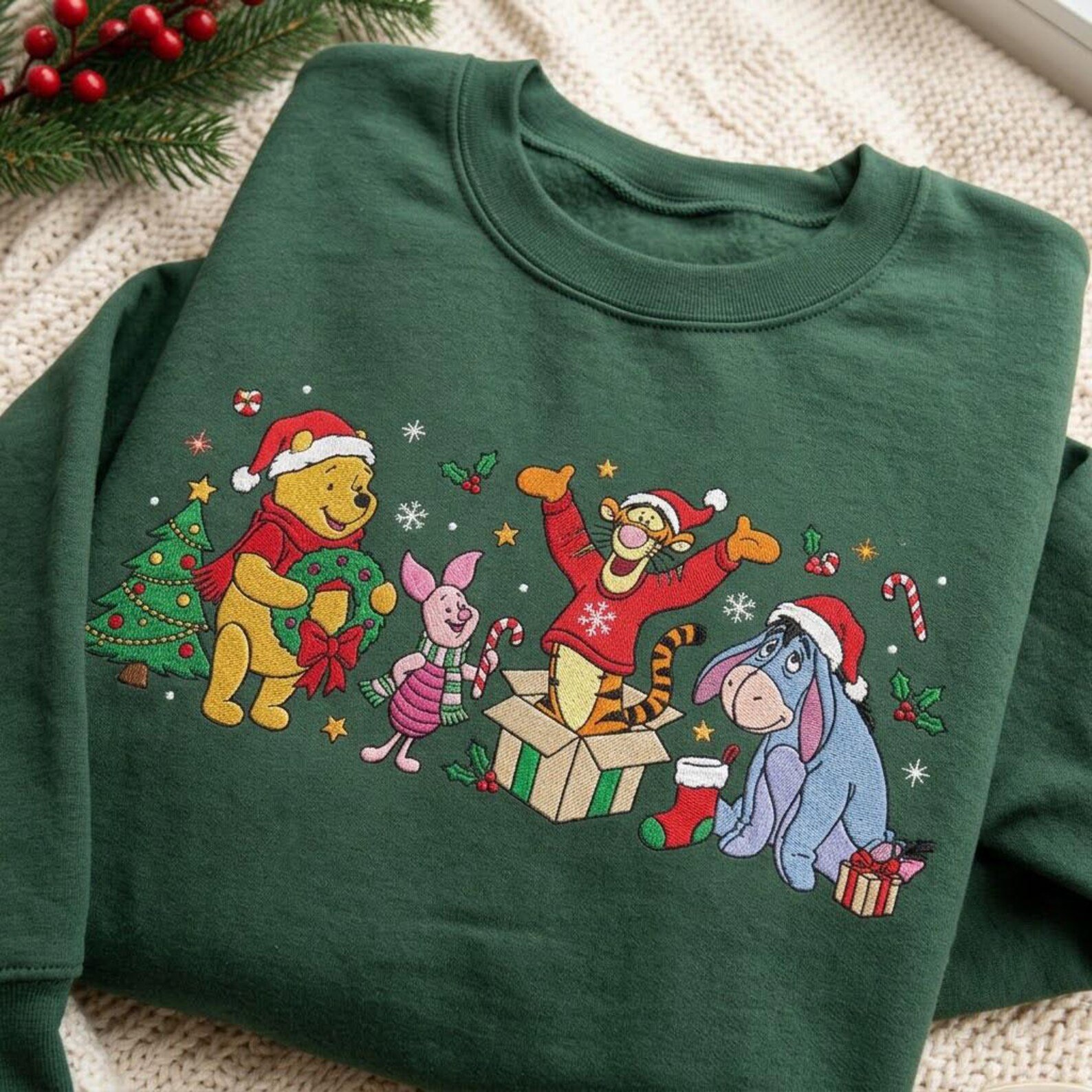 Winnie the Pooh Christmas Embroidered Sweatshirt, Pooh Tigger Piglet Eeyore Holiday Crewneck, Hundred Acre Wood Christmas Gift 1