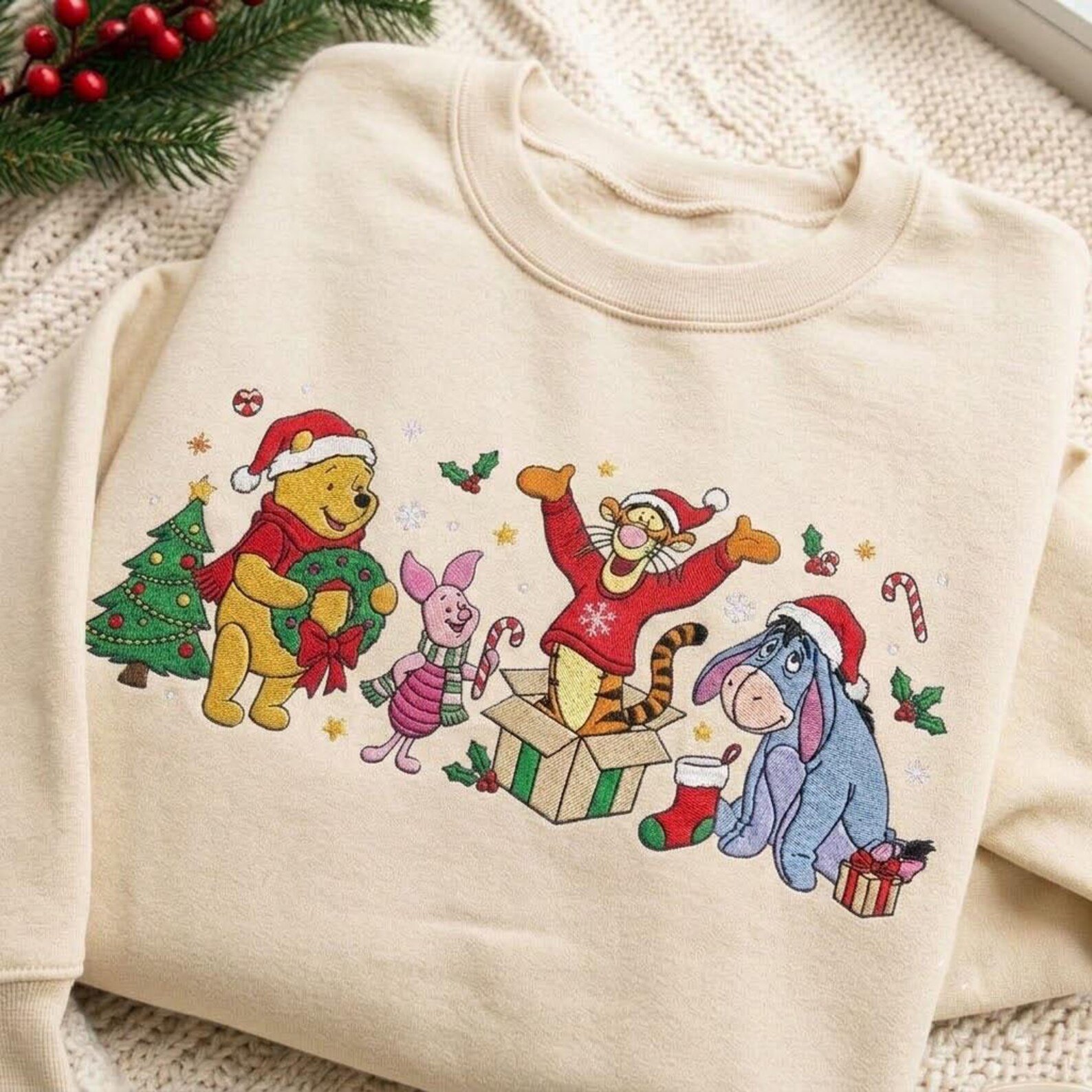 Winnie the Pooh Christmas Embroidered Sweatshirt, Pooh Tigger Piglet Eeyore Holiday Crewneck, Hundred Acre Wood Christmas Gift 4
