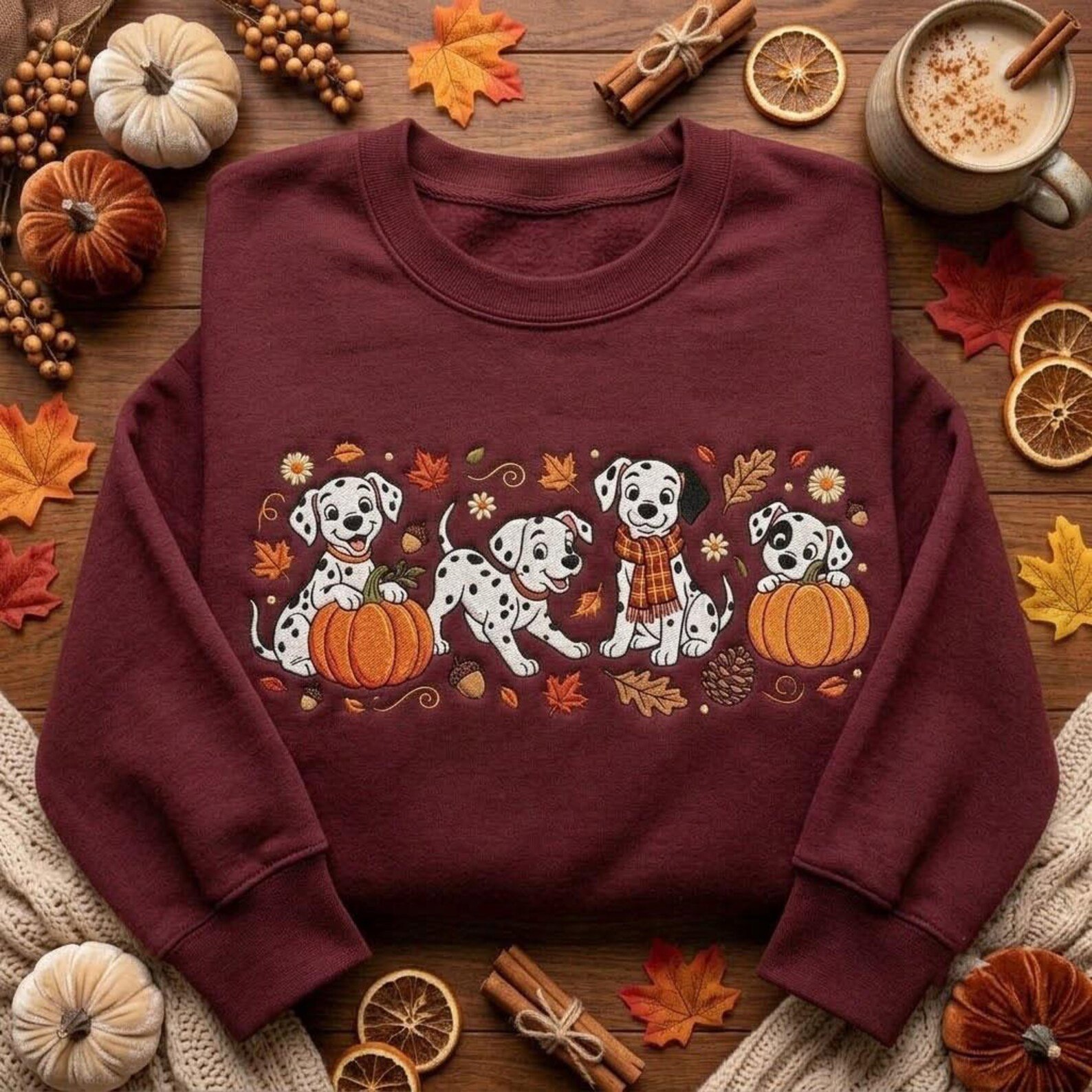 Fall Dalmatian Embroidered Sweatshirt, Cute Pumpkin Dog Autumn Crewneck, Cozy Pet Lover Shirt, Thanksgiving Gift for Dalmatian Dog Moms 4