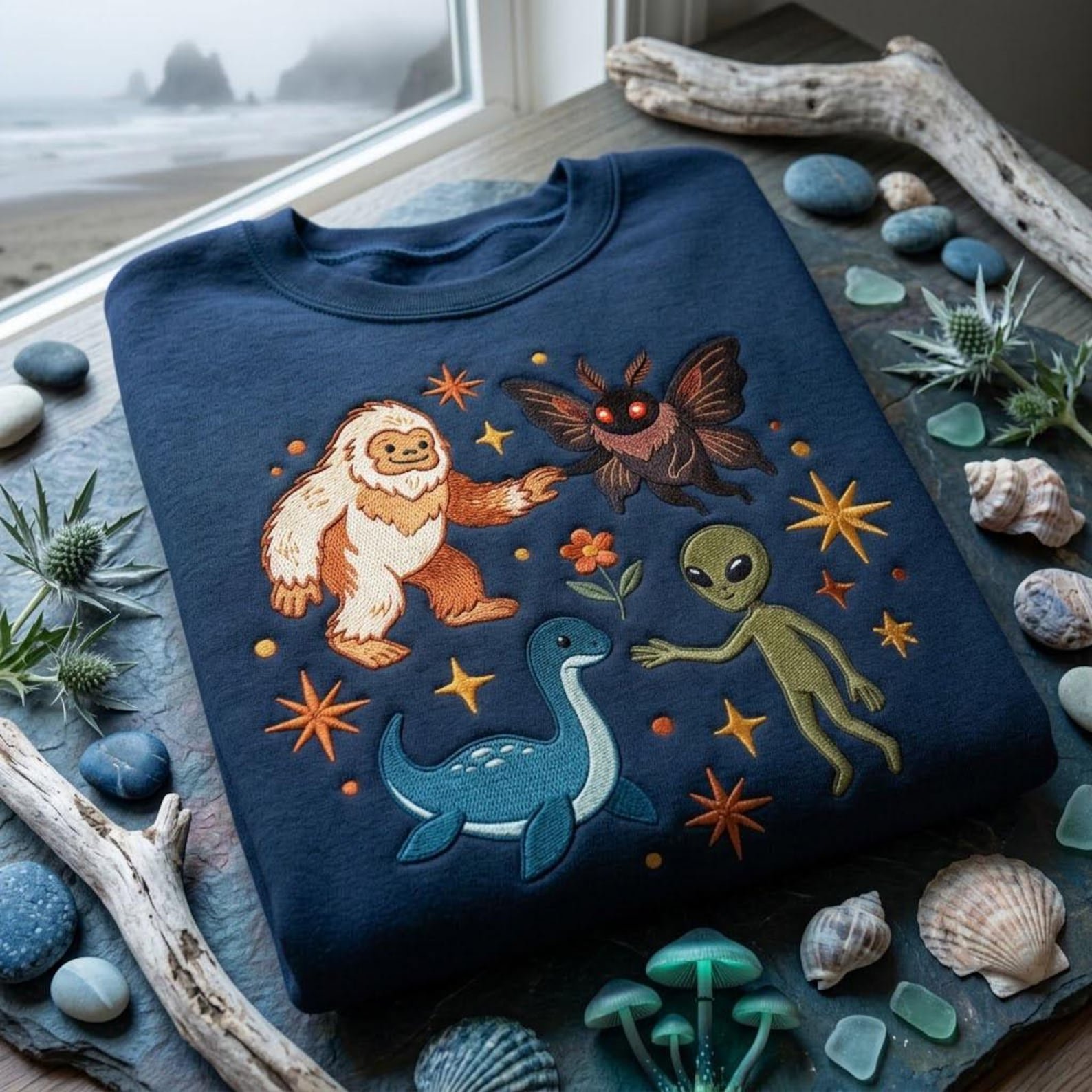 Cryptid Embroidered Sweatshirt, Bigfoot Mothman Alien Loch Ness Monster Crewneck, Paranormal Creature Cryptozoology Gift 1