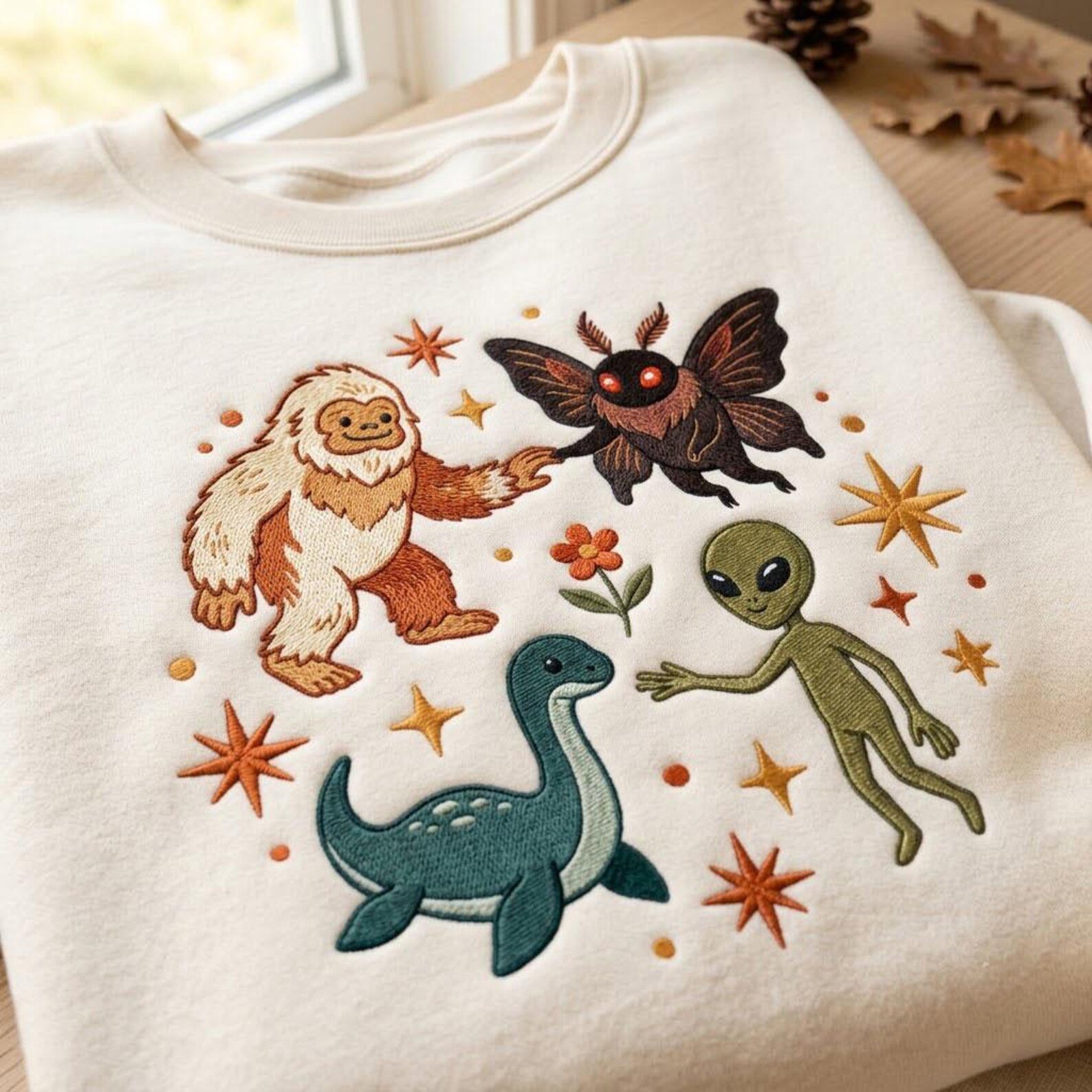Cryptid Embroidered Sweatshirt, Bigfoot Mothman Alien Loch Ness Monster Crewneck, Paranormal Creature Cryptozoology Gift 3