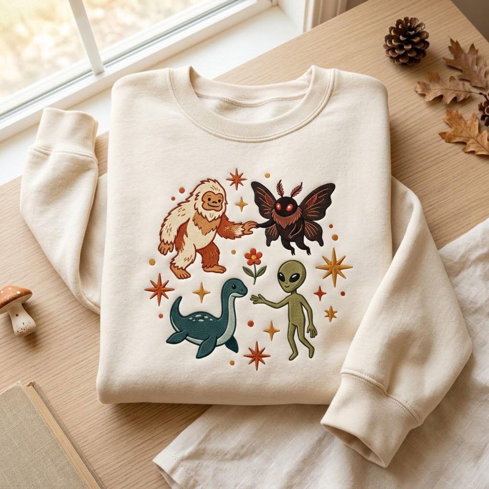 Cryptid Embroidered Sweatshirt, Bigfoot Mothman Alien Loch Ness Monster Crewneck, Paranormal Creature Cryptozoology Gift 2