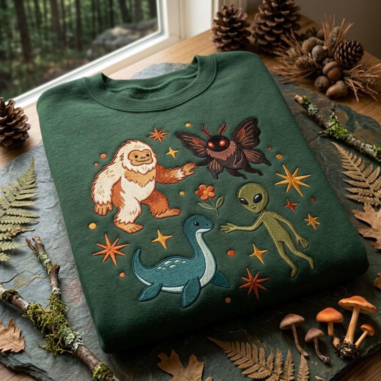Cryptid Embroidered Sweatshirt, Bigfoot Mothman Alien Loch Ness Monster Crewneck, Paranormal Creature Cryptozoology Gift 4