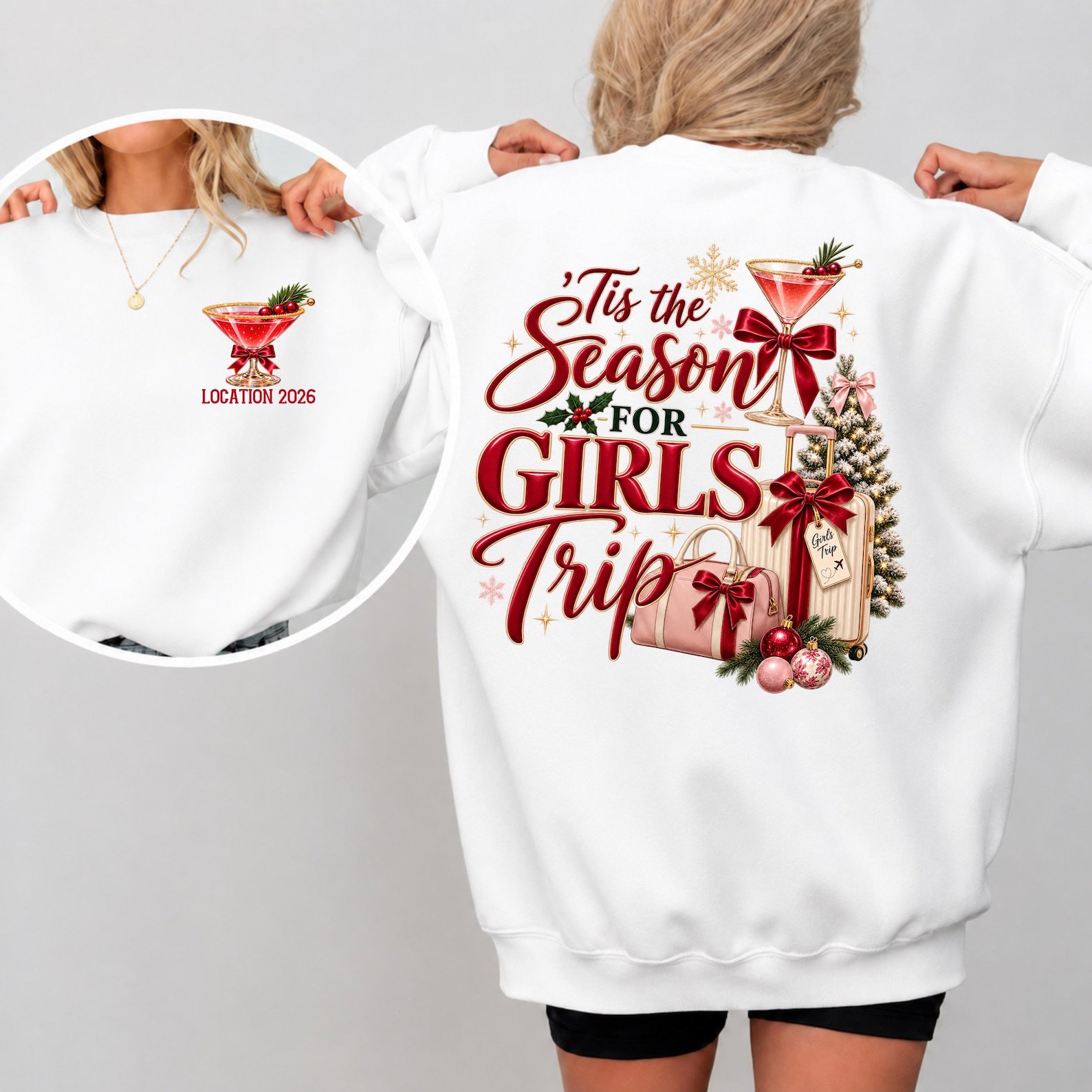 Custom Christmas Girls Trip Sweatshirt, Tis The Season for Holiday Vacation Outfit, Matching Xmas Trip Tee 1