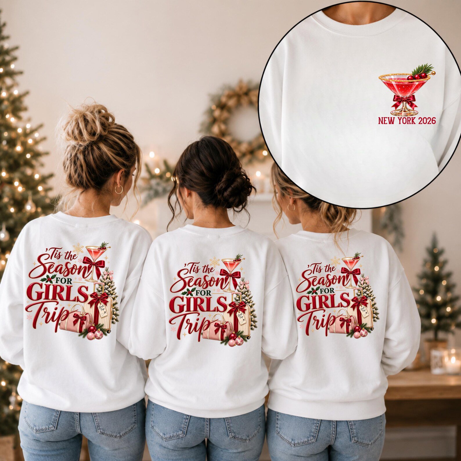 Custom Christmas Girls Trip Sweatshirt, Tis The Season for Holiday Vacation Outfit, Matching Xmas Trip Tee 2