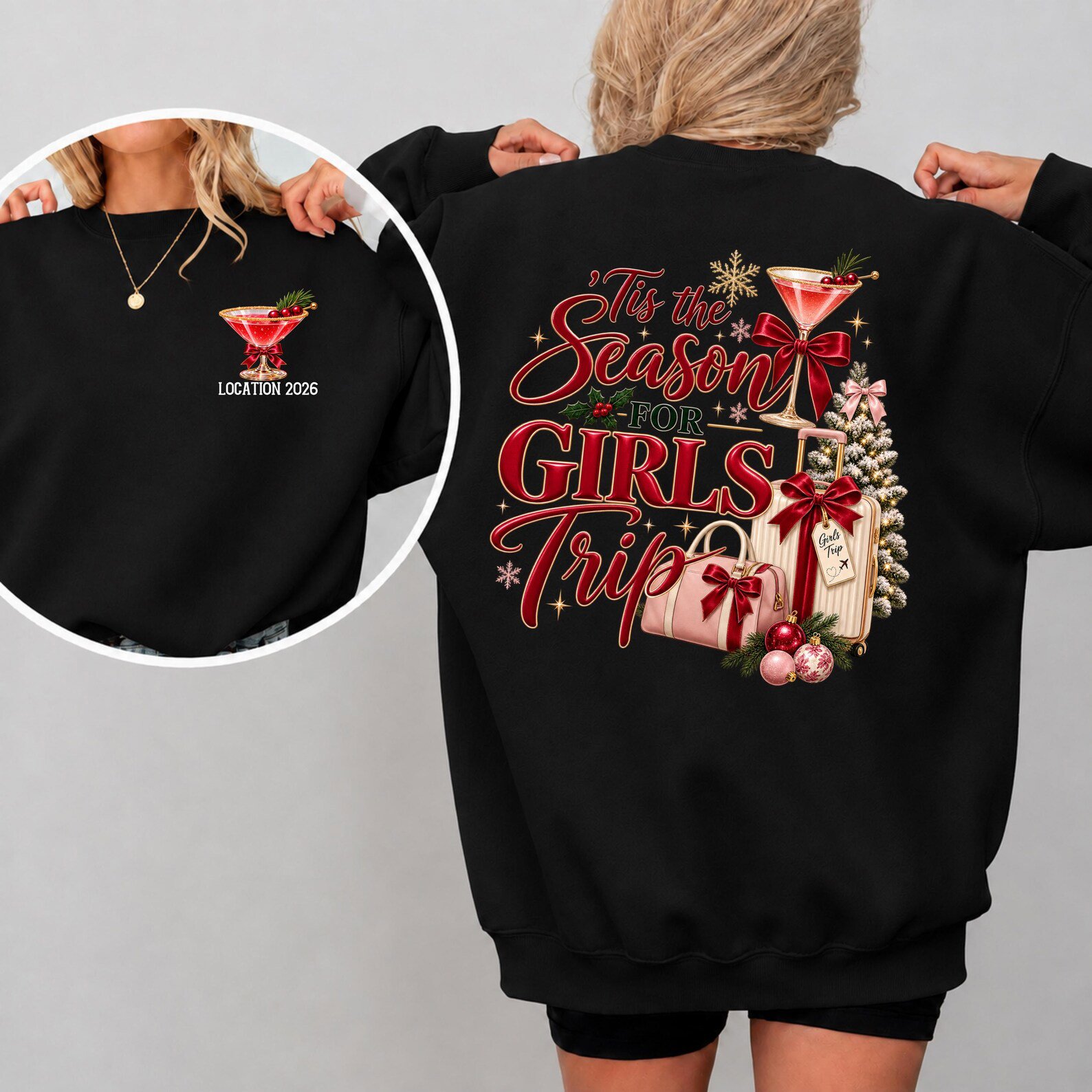 Custom Christmas Girls Trip Sweatshirt, Tis The Season for Holiday Vacation Outfit, Matching Xmas Trip Tee 6