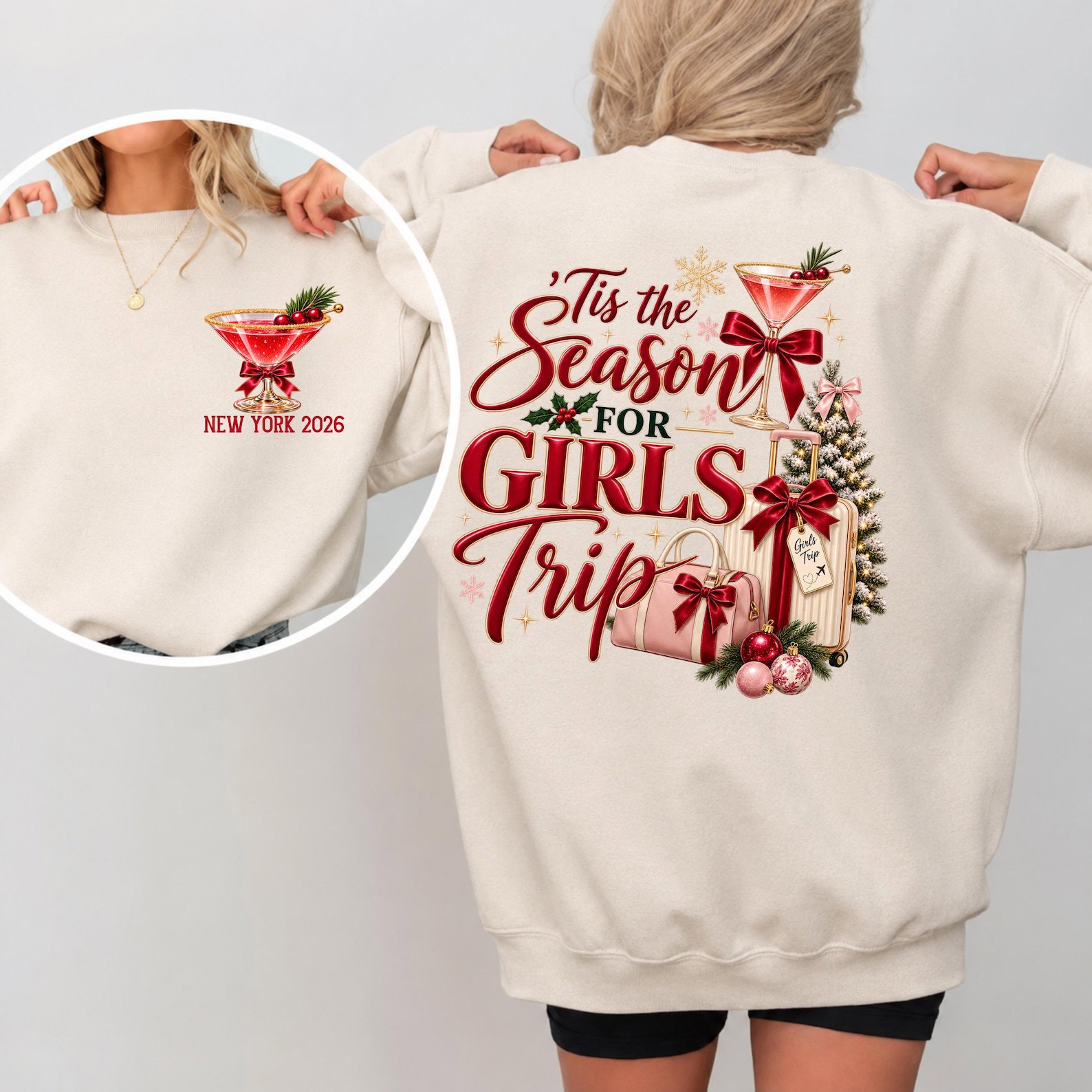 Custom Christmas Girls Trip Sweatshirt, Tis The Season for Holiday Vacation Outfit, Matching Xmas Trip Tee 5