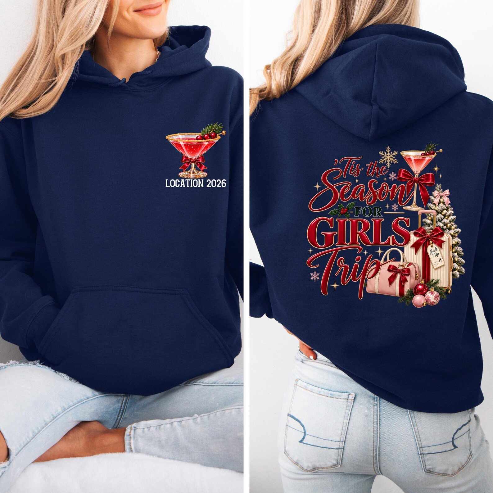 Custom Christmas Girls Trip Sweatshirt, Tis The Season for Holiday Vacation Outfit, Matching Xmas Trip Tee 8