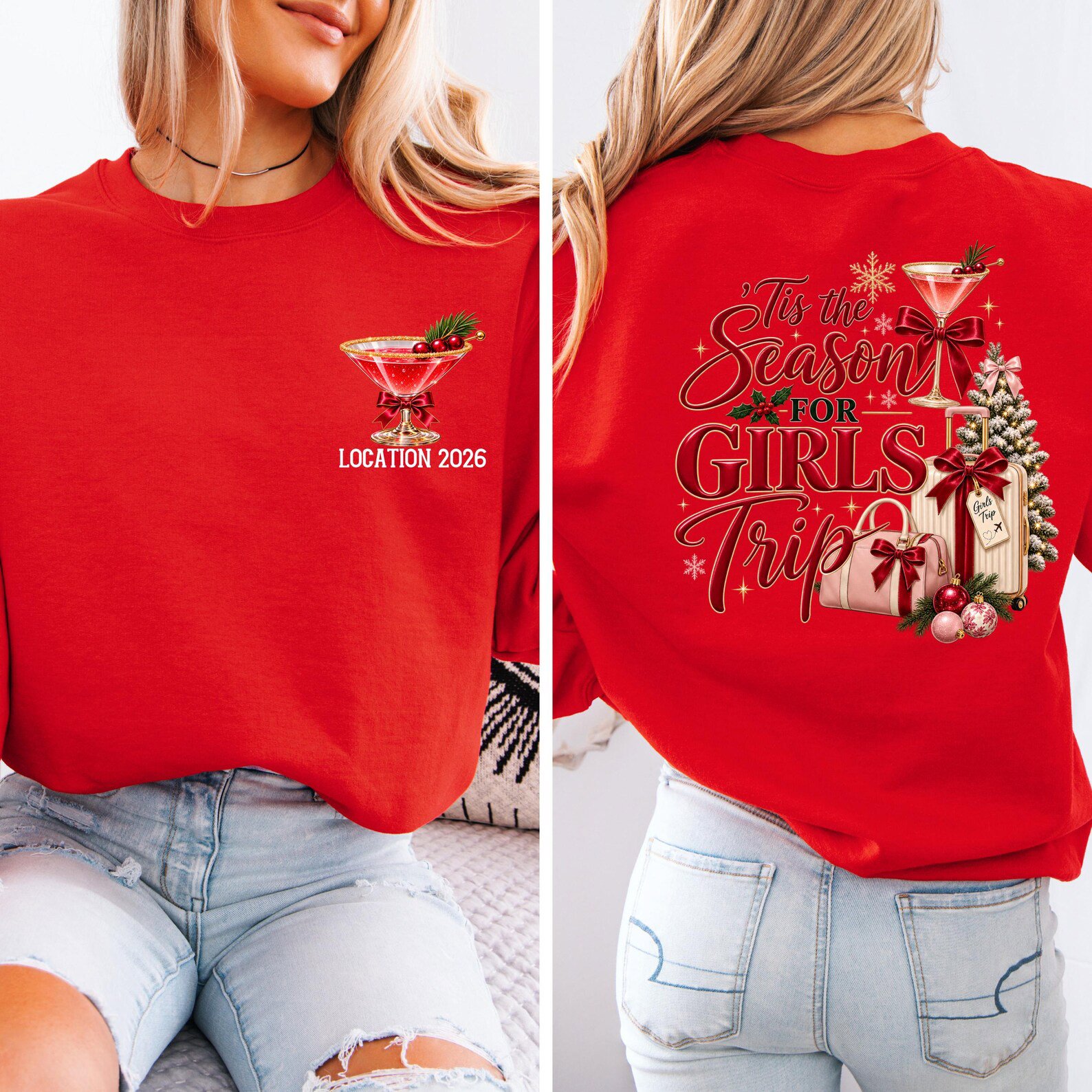 Custom Christmas Girls Trip Sweatshirt, Tis The Season for Holiday Vacation Outfit, Matching Xmas Trip Tee 9