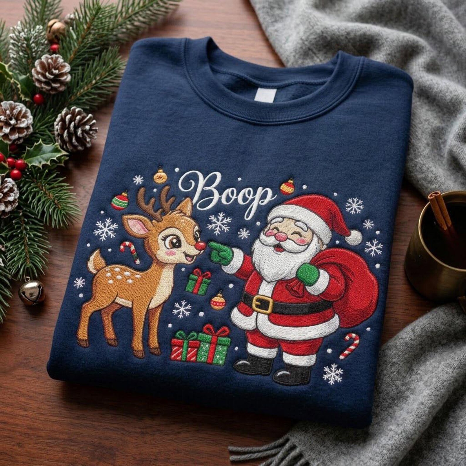 Funny Boop Christmas Embroidered Sweatshirt, Santa and Reindeer Crewneck, Cute Rudolph Holiday Pullover, Festive Christmas Gift Idea 3