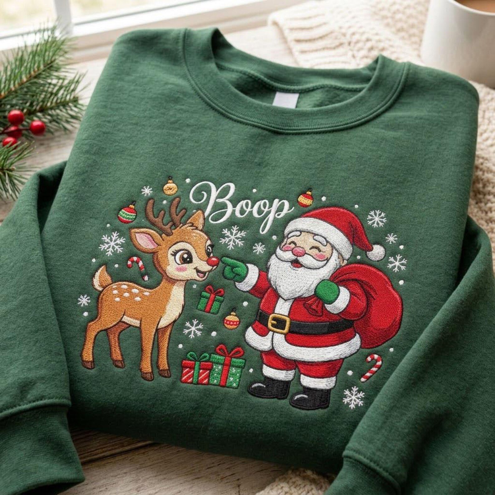 Funny Boop Christmas Embroidered Sweatshirt, Santa and Reindeer Crewneck, Cute Rudolph Holiday Pullover, Festive Christmas Gift Idea 1